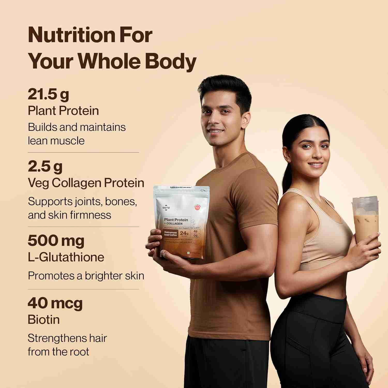Setu Plant Protein + Veg Collagen | 24g Protein with Glutathione & Biotin | Pea & Rice Isolate | For Muscle, Skin & Hair | No Bloating, Probiotics | Vegan Protein Powder for Men & Women | Vietnamese Iced Coffee 1kg