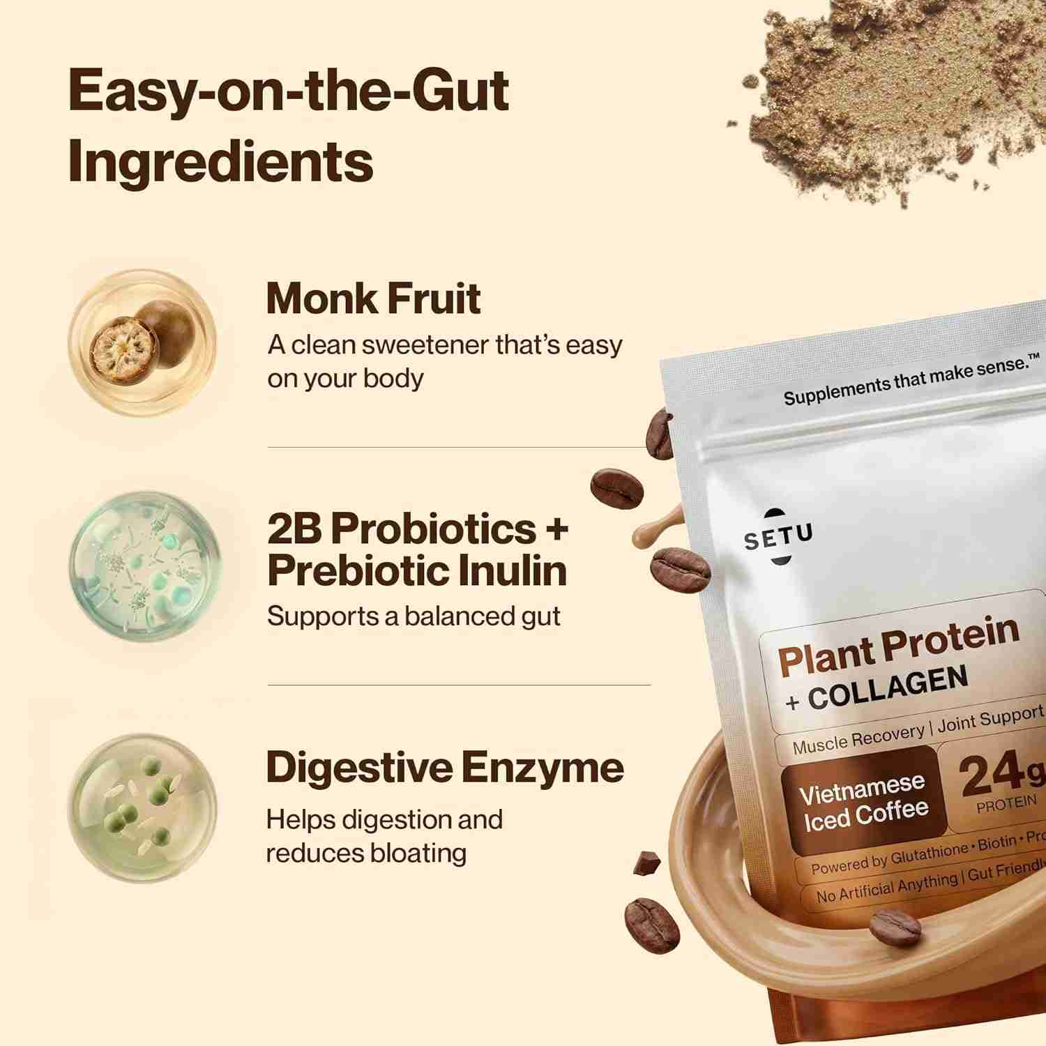 Setu Plant Protein + Veg Collagen | 24g Protein with Glutathione & Biotin | Pea & Rice Isolate | For Muscle, Skin & Hair | No Bloating, Probiotics | Vegan Protein Powder for Men & Women | Vietnamese Iced Coffee 1kg