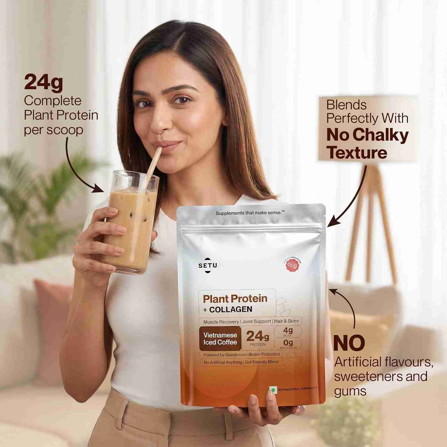 Setu Plant Protein + Veg Collagen | 24g Protein with Glutathione & Biotin | Pea & Rice Isolate | For Muscle, Skin & Hair | No Bloating, Probiotics | Vegan Protein Powder for Men & Women | Vietnamese Iced Coffee 1kg