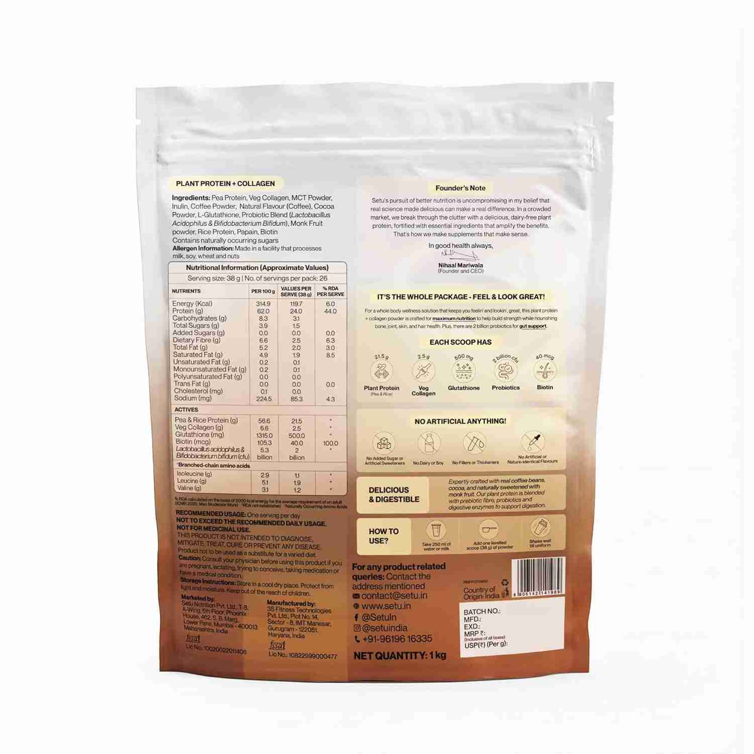 Setu Plant Protein + Veg Collagen | 24g Protein with Glutathione & Biotin | Pea & Rice Isolate | For Muscle, Skin & Hair | No Bloating, Probiotics | Vegan Protein Powder for Men & Women | Vietnamese Iced Coffee 1kg