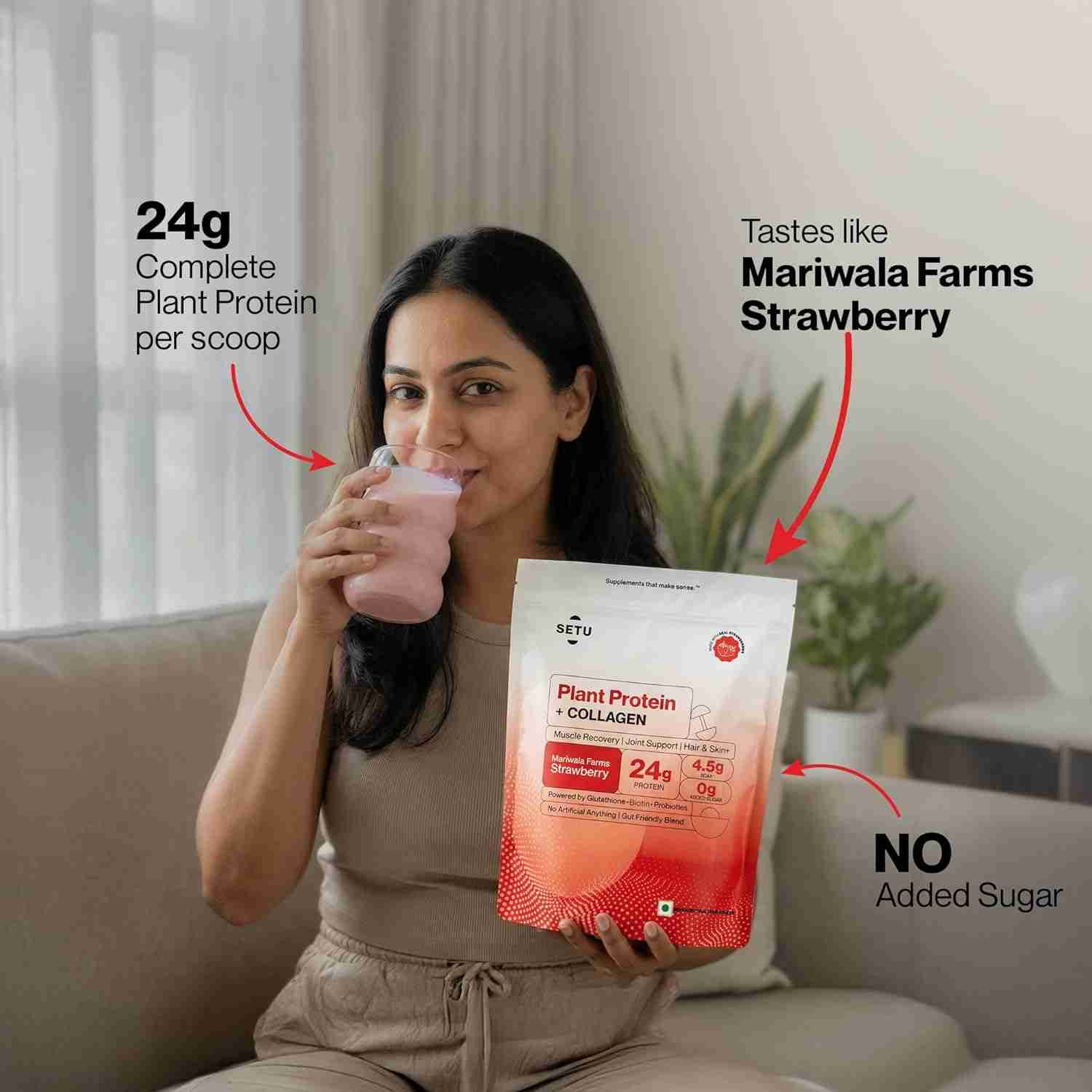 Setu Plant Protein + Veg Collagen | 24g Protein | Mariwala Farms Strawberry (6 Single Serve Sachets)