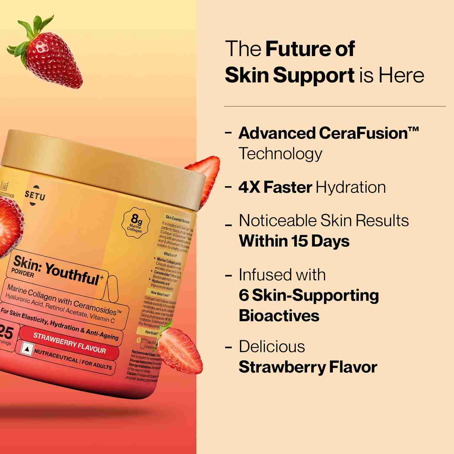 Setu Skin: Youthful | Upgraded 8g Marine Collagen + Ceramosides™ | 4X Faster Hydration | Reduces Fine Lines & Wrinkles | Monk Fruit Sweetened (250gm, Strawberry)