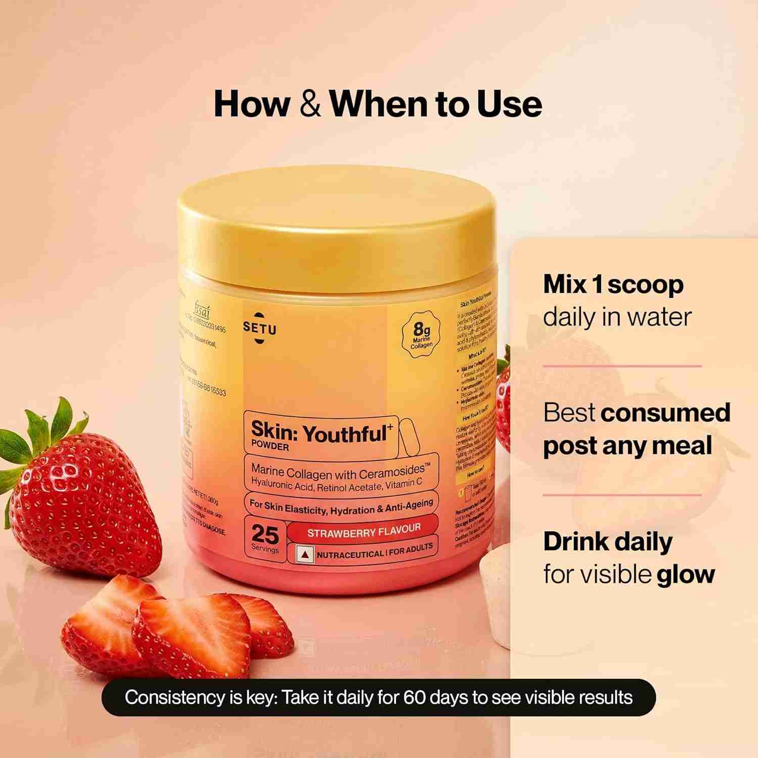 Setu Skin: Youthful | Upgraded 8g Marine Collagen + Ceramosides™ | 4X Faster Hydration | Reduces Fine Lines & Wrinkles | Monk Fruit Sweetened (250gm, Strawberry)