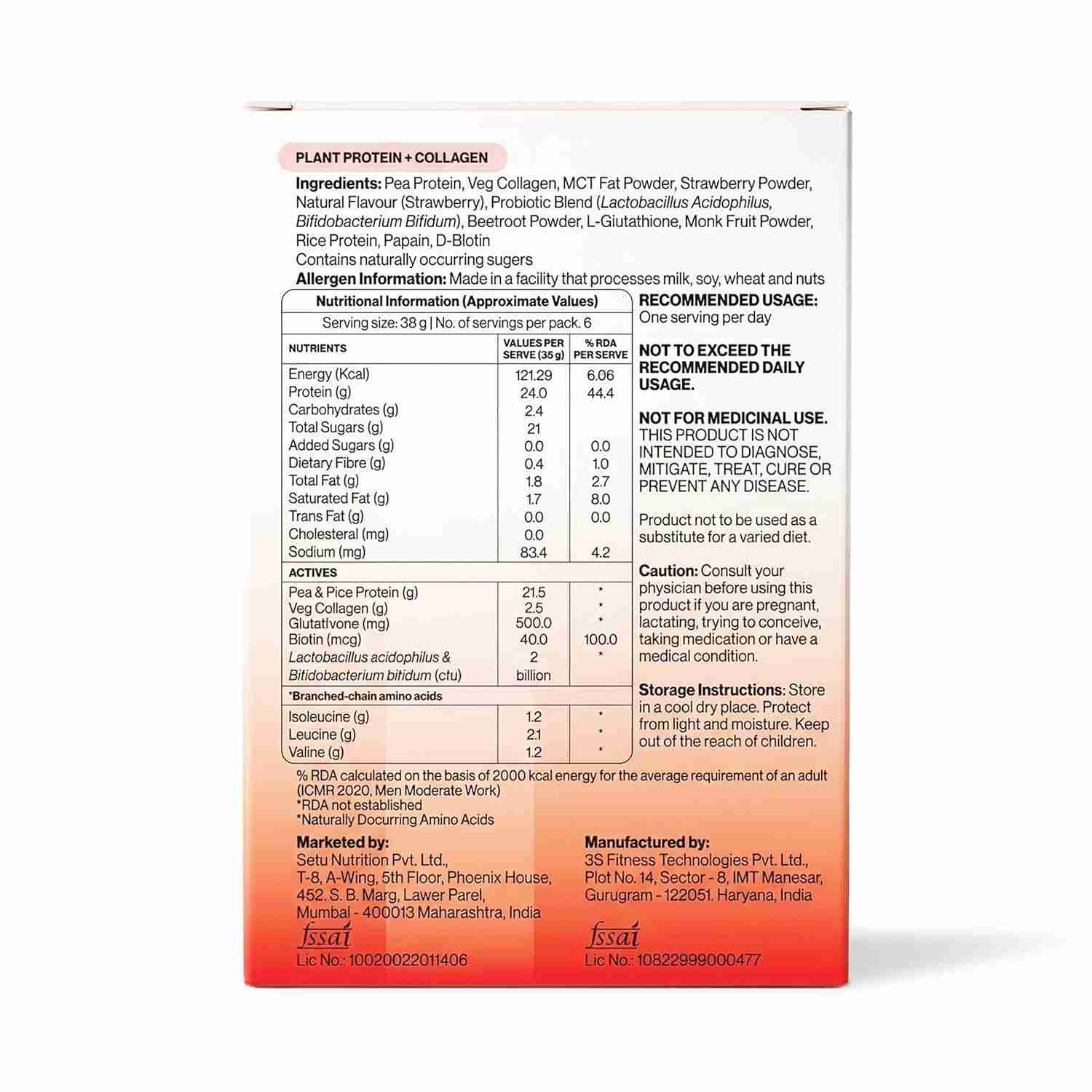Setu Plant Protein + Veg Collagen | 24g Protein | Mariwala Farms Strawberry (12 Single Serve Sachets)