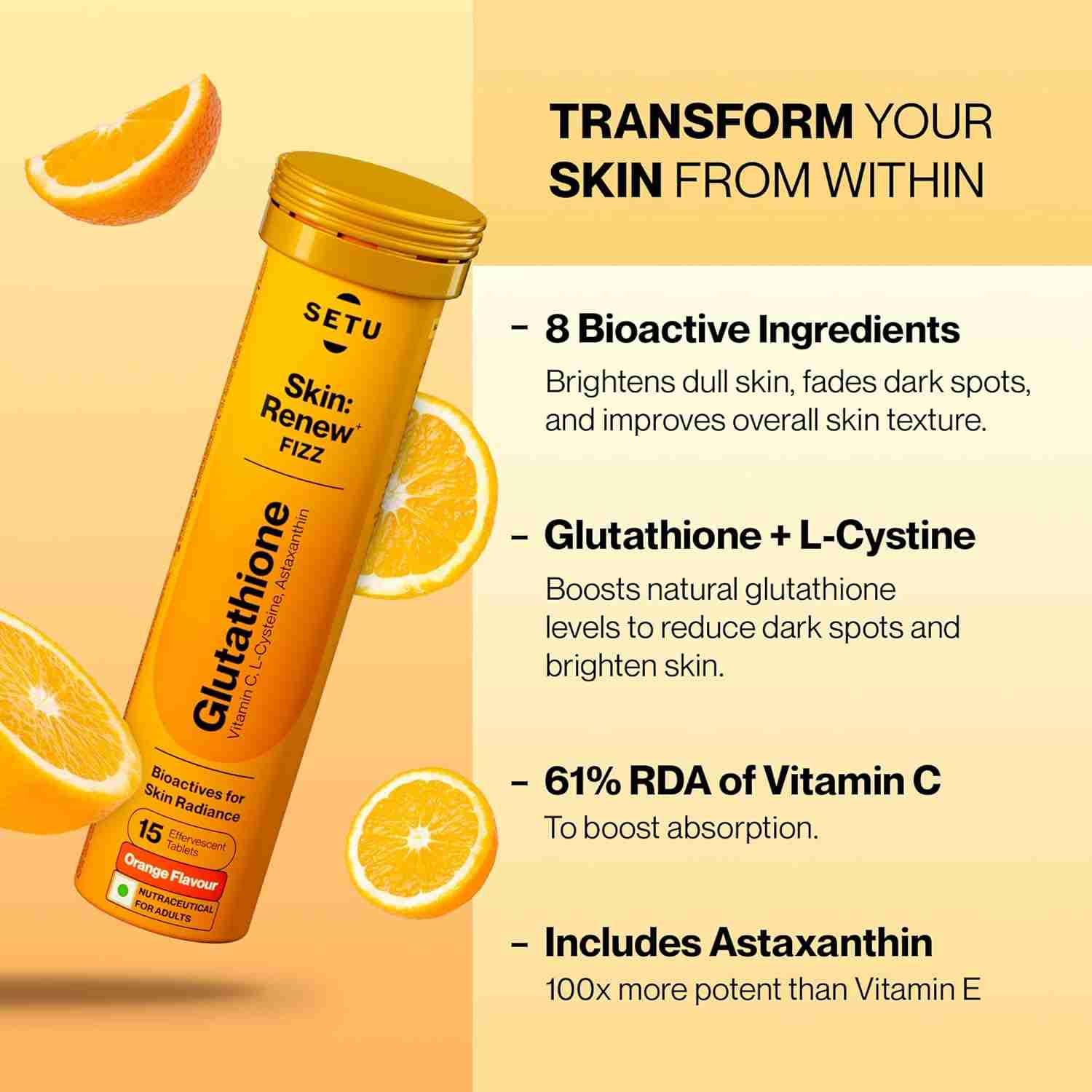 Setu Skin Renew Glutathione Tablets for Glowing Skin | 15 Effervescent Tablets with 500mg L-Glutathione & Vitamin C | Sugar-free Antioxidant & Skin Glow Supplement for Clear Skin | Orange (Pack of 1)