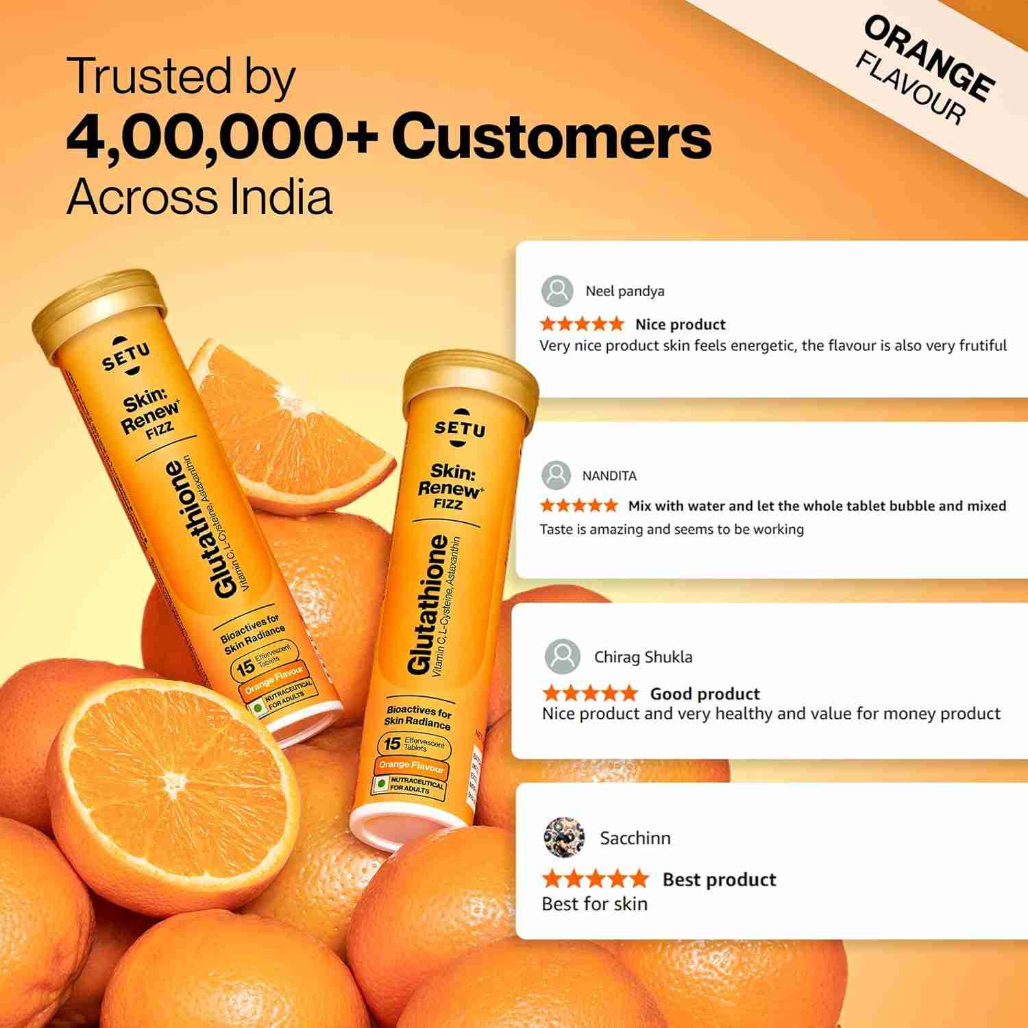 Setu Skin Renew Glutathione Tablets for Glowing Skin | 15 Effervescent Tablets with 500mg L-Glutathione & Vitamin C | Sugar-free Antioxidant & Skin Glow Supplement for Clear Skin | Orange (Pack of 1)