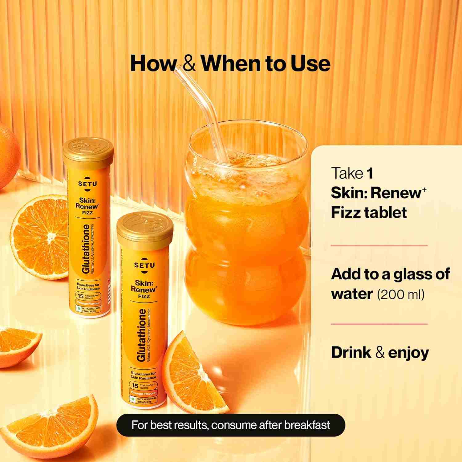 Setu Skin Renew Glutathione Tablets for Glowing Skin | 15 Effervescent Tablets with 500mg L-Glutathione & Vitamin C | Sugar-free Antioxidant & Skin Glow Supplement for Clear Skin | Orange (Pack of 1)