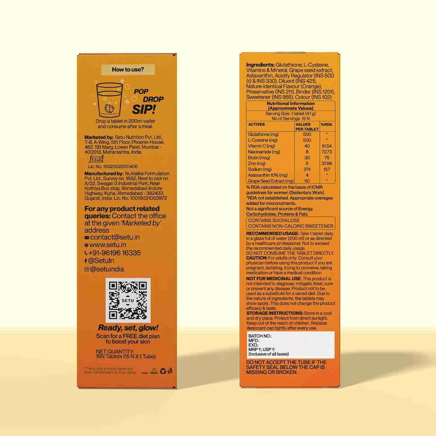 Setu Skin Renew Glutathione Tablets for Glowing Skin | 15 Effervescent Tablets with 500mg L-Glutathione & Vitamin C | Sugar-free Antioxidant & Skin Glow Supplement for Clear Skin | Orange (Pack of 1)