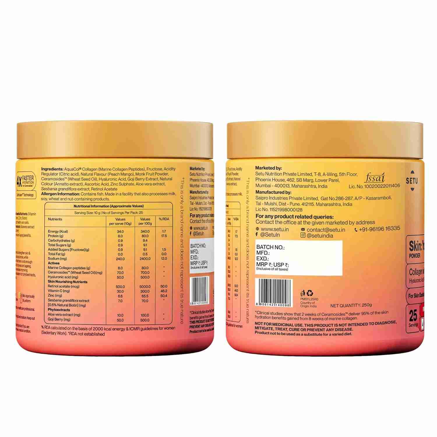Setu Skin: Youthful | Upgraded 8g Marine Collagen + Ceramosides™ | 4X Faster Hydration | Reduces Fine Lines & Wrinkles | Monk Fruit Sweetened | Peach Mango (50 Servings)