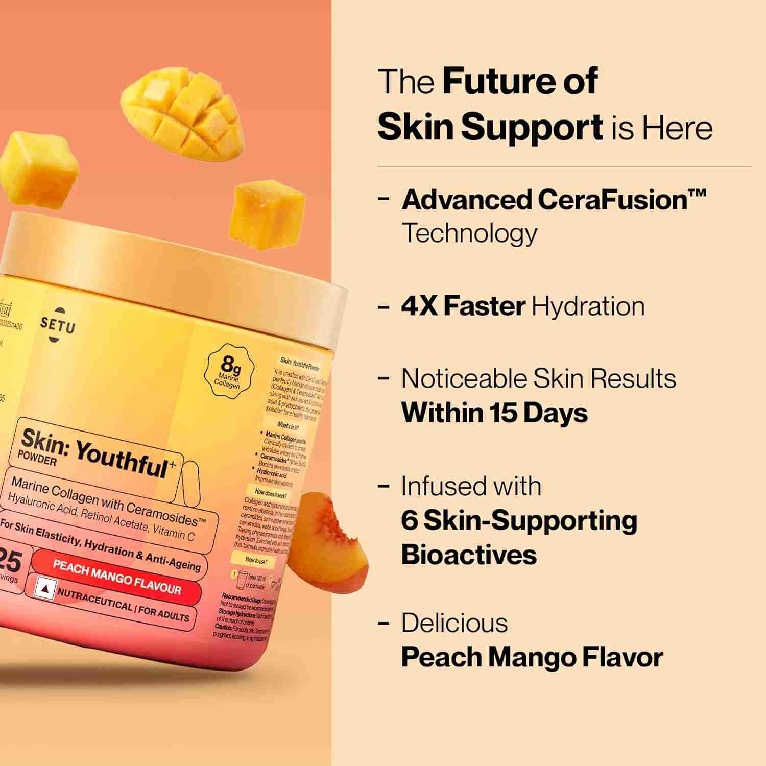 Setu Skin: Youthful | Upgraded 8g Marine Collagen + Ceramosides™ | 4X Faster Hydration | Reduces Fine Lines & Wrinkles | Monk Fruit Sweetened | Peach Mango (75 Servings)
