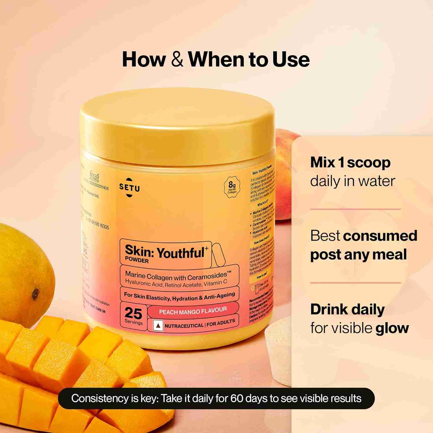 Setu Skin: Youthful | Upgraded 8g Marine Collagen + Ceramosides™ | 4X Faster Hydration | Reduces Fine Lines & Wrinkles | Monk Fruit Sweetened | Peach Mango (75 Servings)