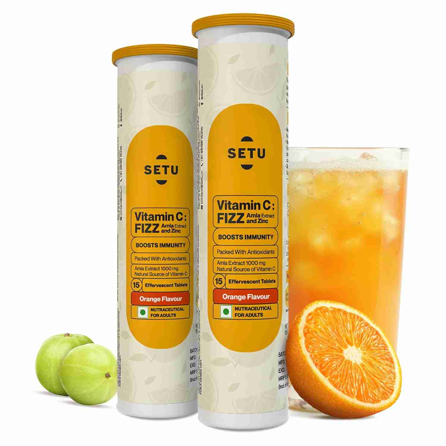 Setu Vitamin C: Fizz - 30 Effervescent Tablets (Pack of 2) | Amla Extract and Zinc, Boost Immunity, Skin | Orange Flavour