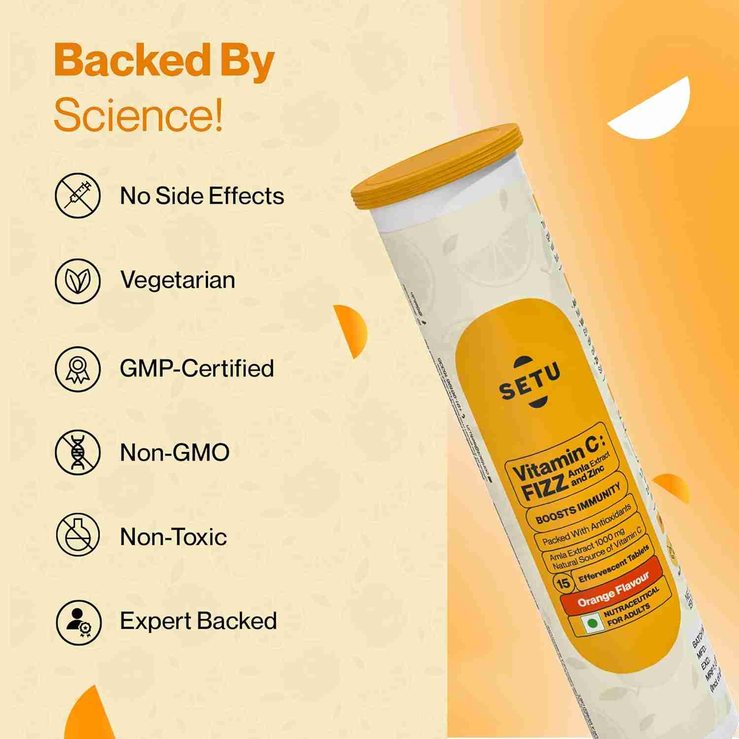 Setu Vitamin C: Fizz - 30 Effervescent Tablets (Pack of 2) | Amla Extract and Zinc, Boost Immunity, Skin | Orange Flavour