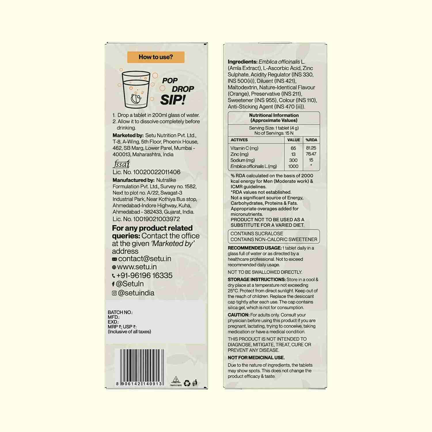 Setu Vitamin C: Fizz - 30 Effervescent Tablets (Pack of 2) | Amla Extract and Zinc, Boost Immunity, Skin | Orange Flavour