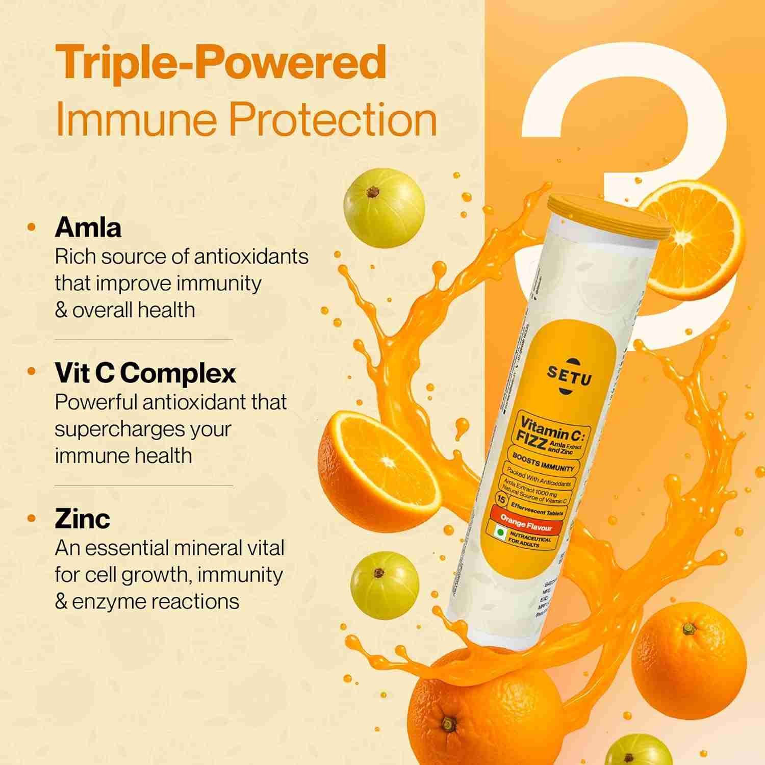 Setu Vitamin C: Fizz - 60 Effervescent Tablets (Pack of 4) | Amla Extract and Zinc, Boost Immunity, Skin | Orange Flavour