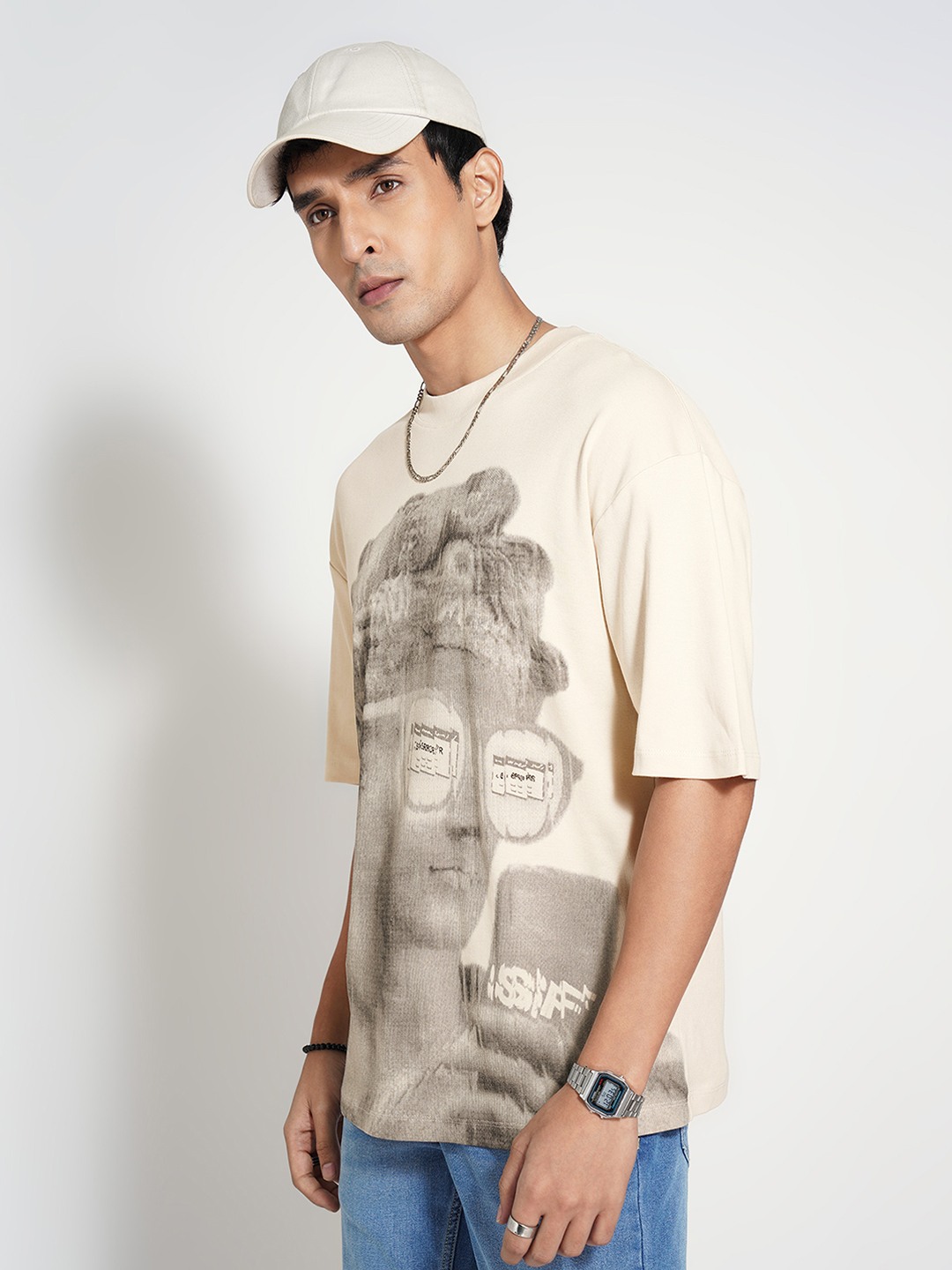 Cream Graphic Print Oversized T-Shirt