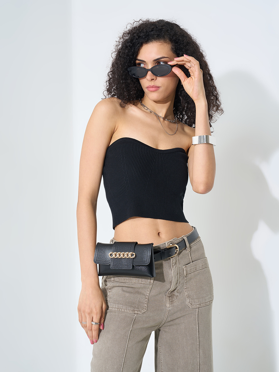 Black Strapless Ribbed Crop Top