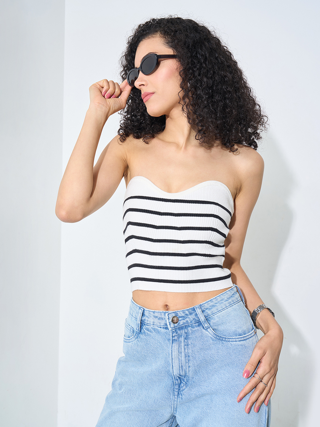 White Striped Strapless Ribbed Crop Top