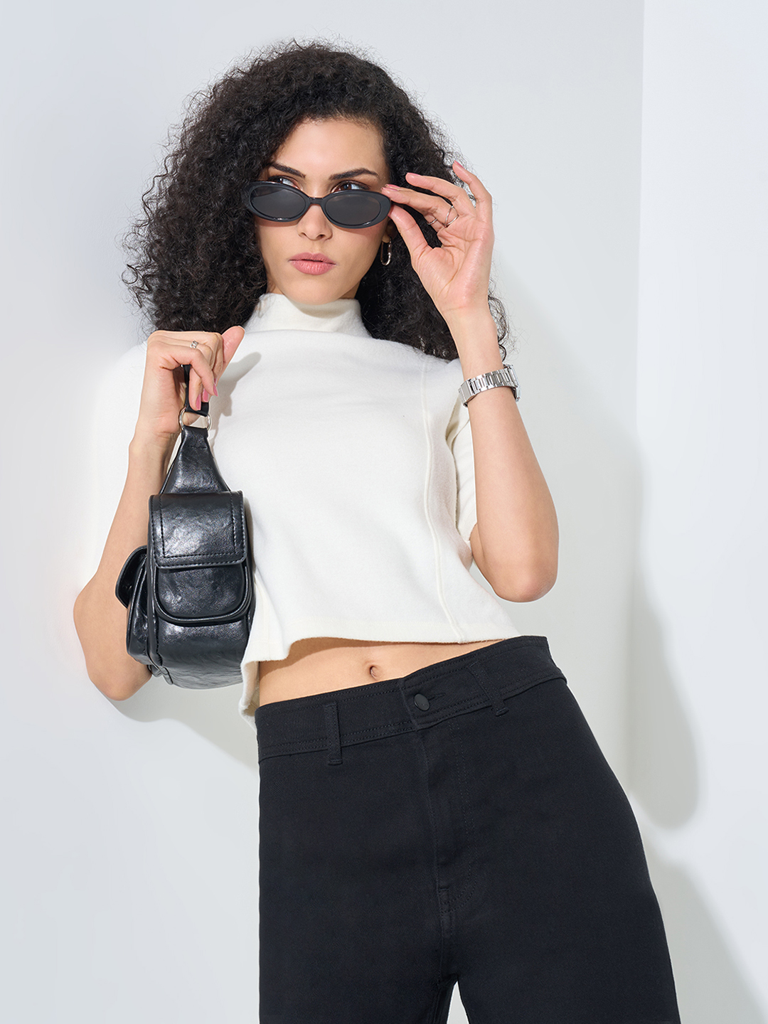White Solid High Neck Brushed Top