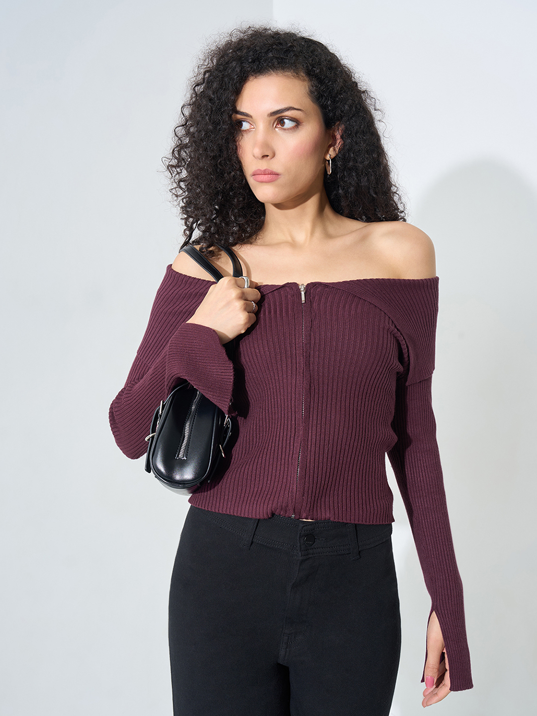 Purple Off-Shoulder Ribbed Knit Top