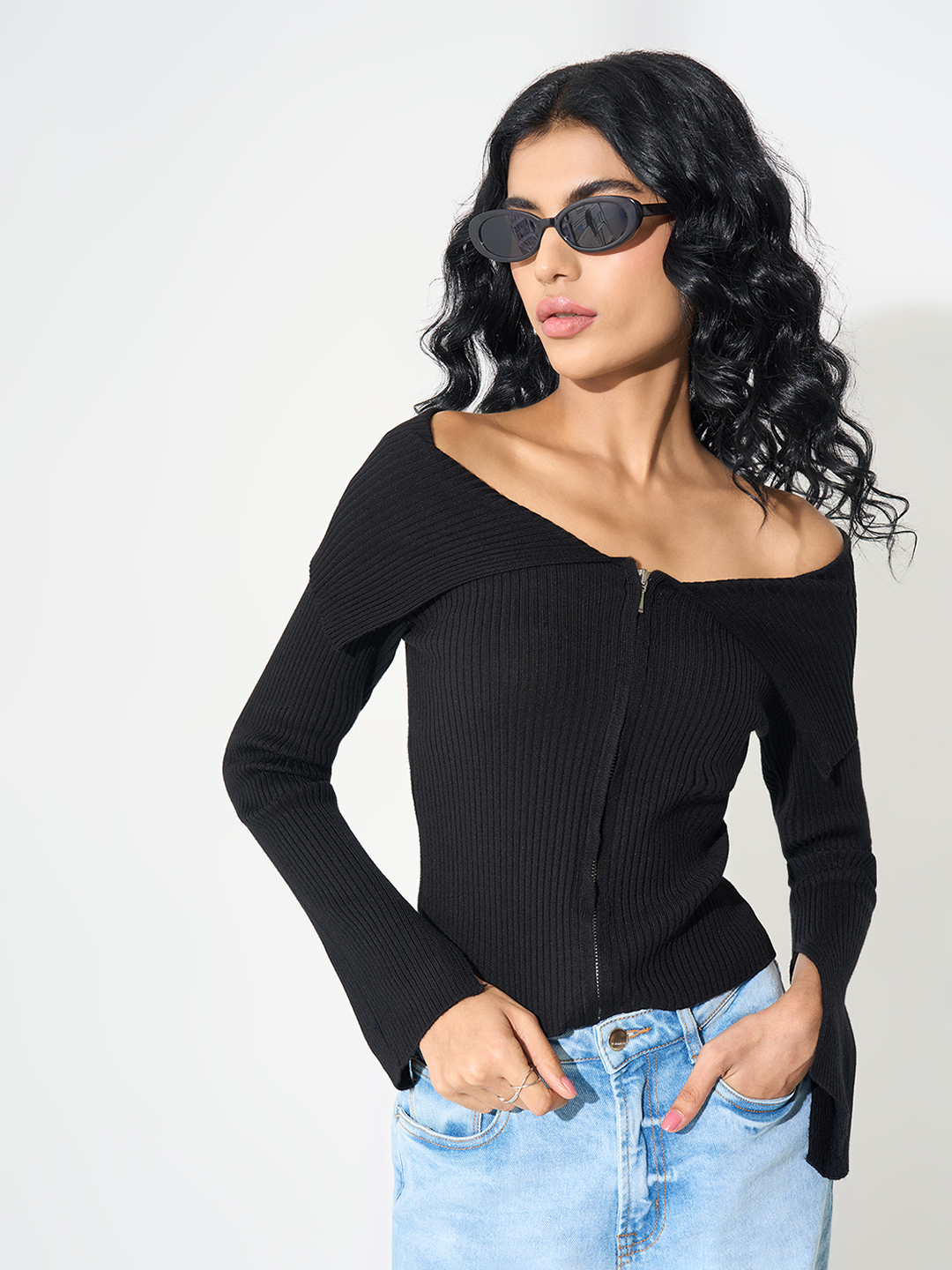 Black Off-Shoulder Rib Knit Zip-Up Top