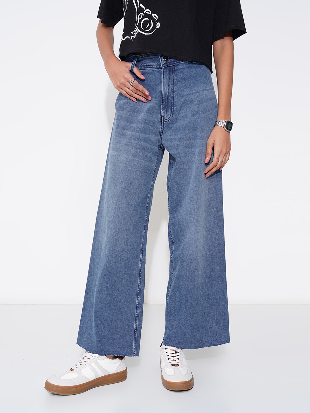 Blue Faded Wide Leg Jeans