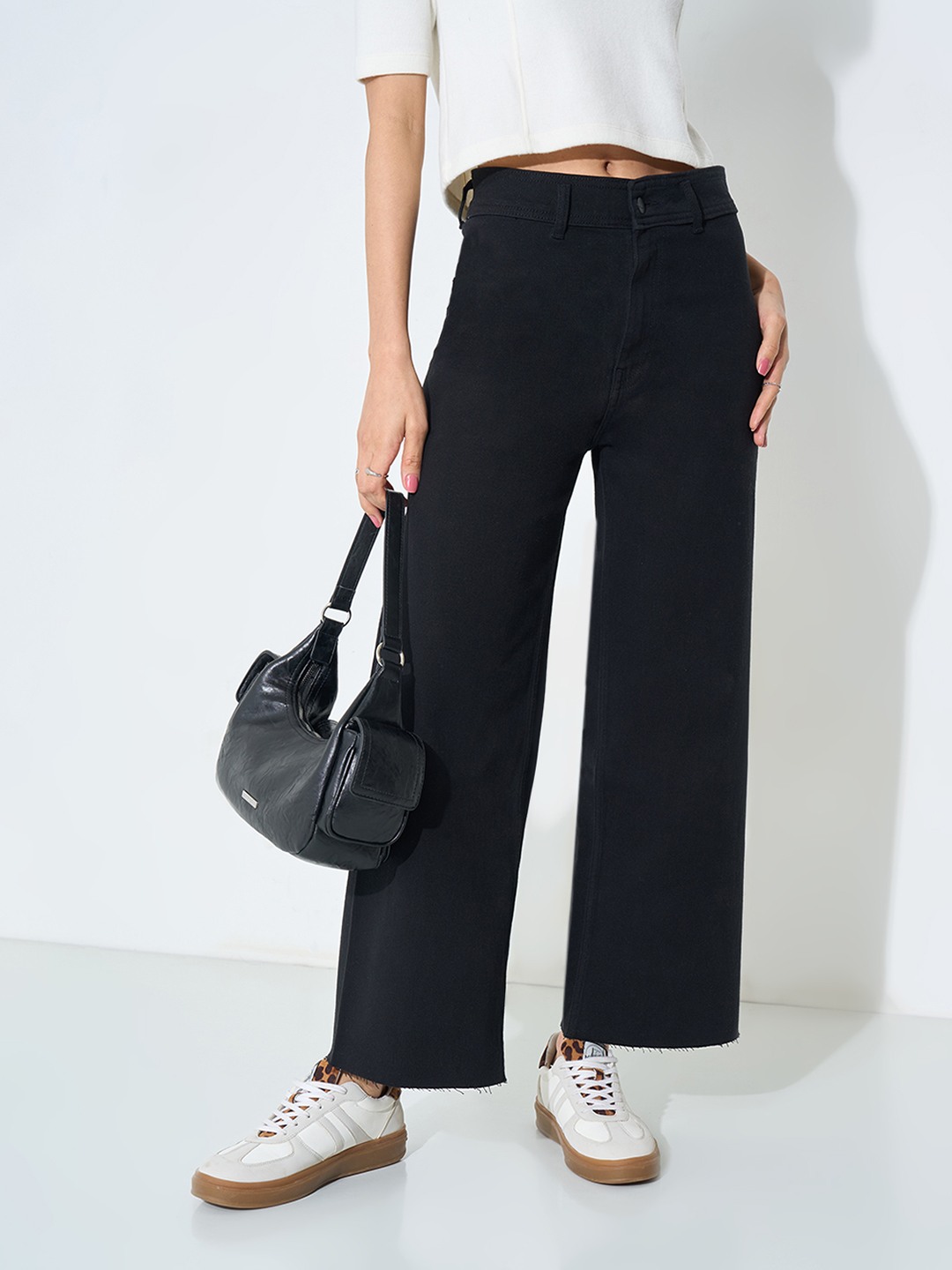 Black Wide-Leg Jeans with Raw Hem