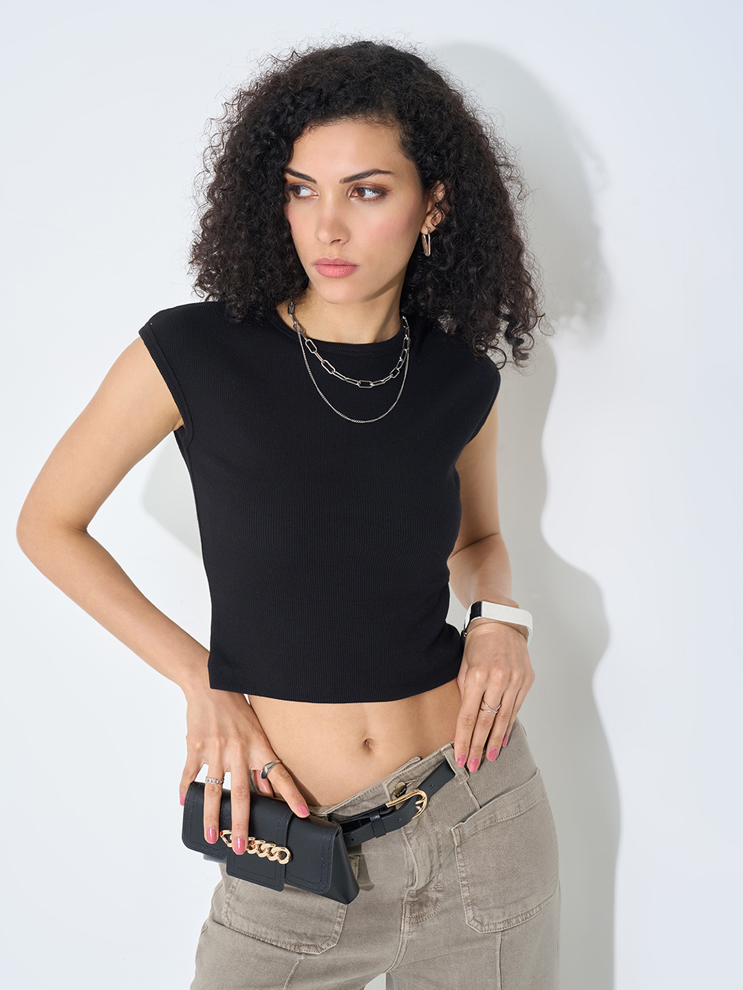 Black Solid Ribbed Crop Top