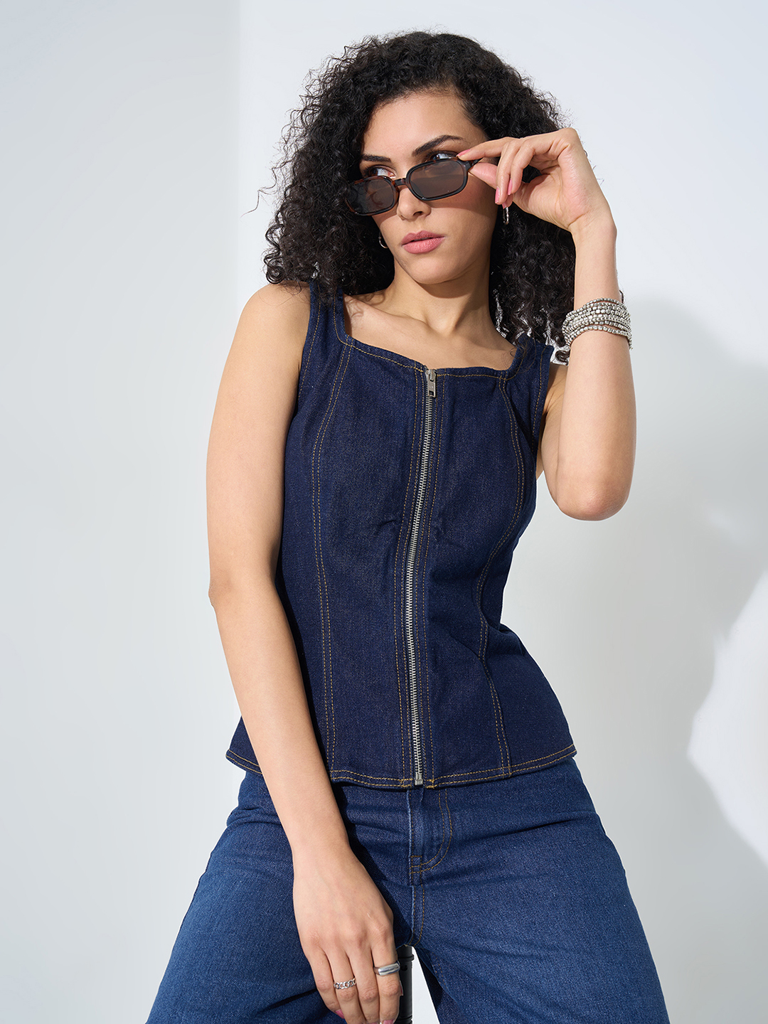 Dark Blue Denim Zip-Front Top