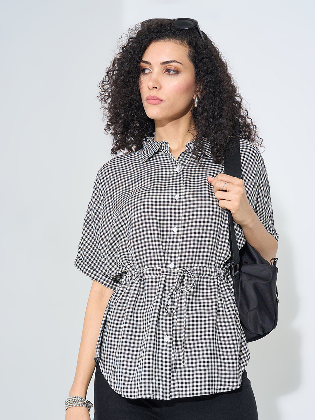 Black Gingham Check Shirt Top