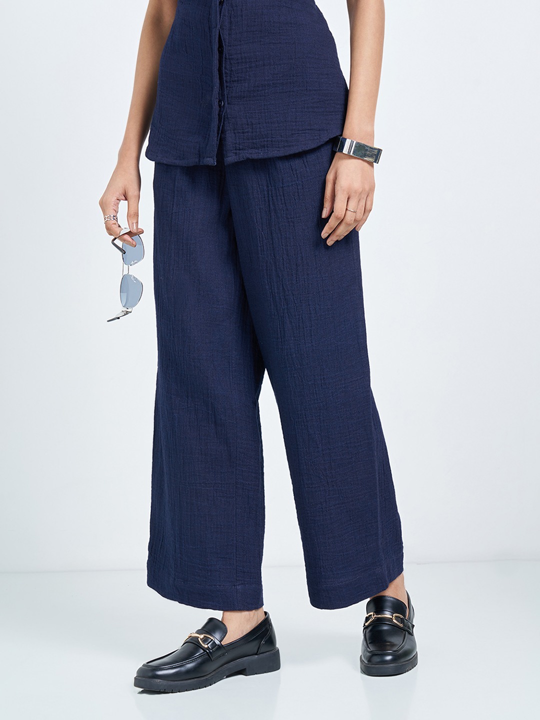 Dark Blue Crush Textured Pleated Trousers