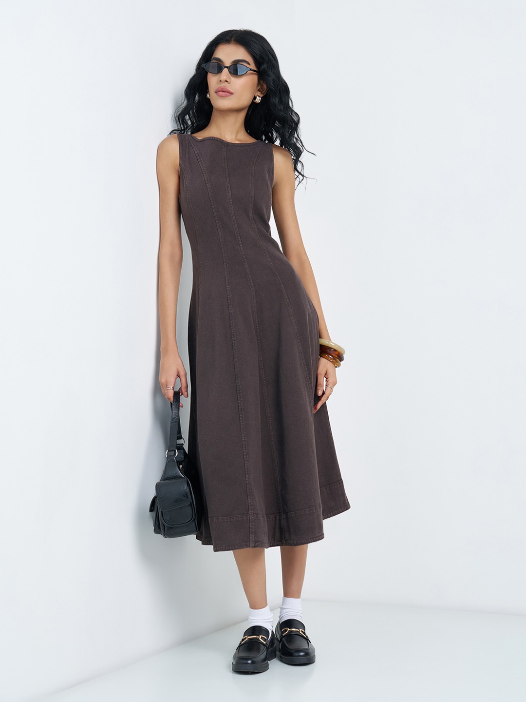 Dark Brown Sleeveless Panelled Denim Midi Dress