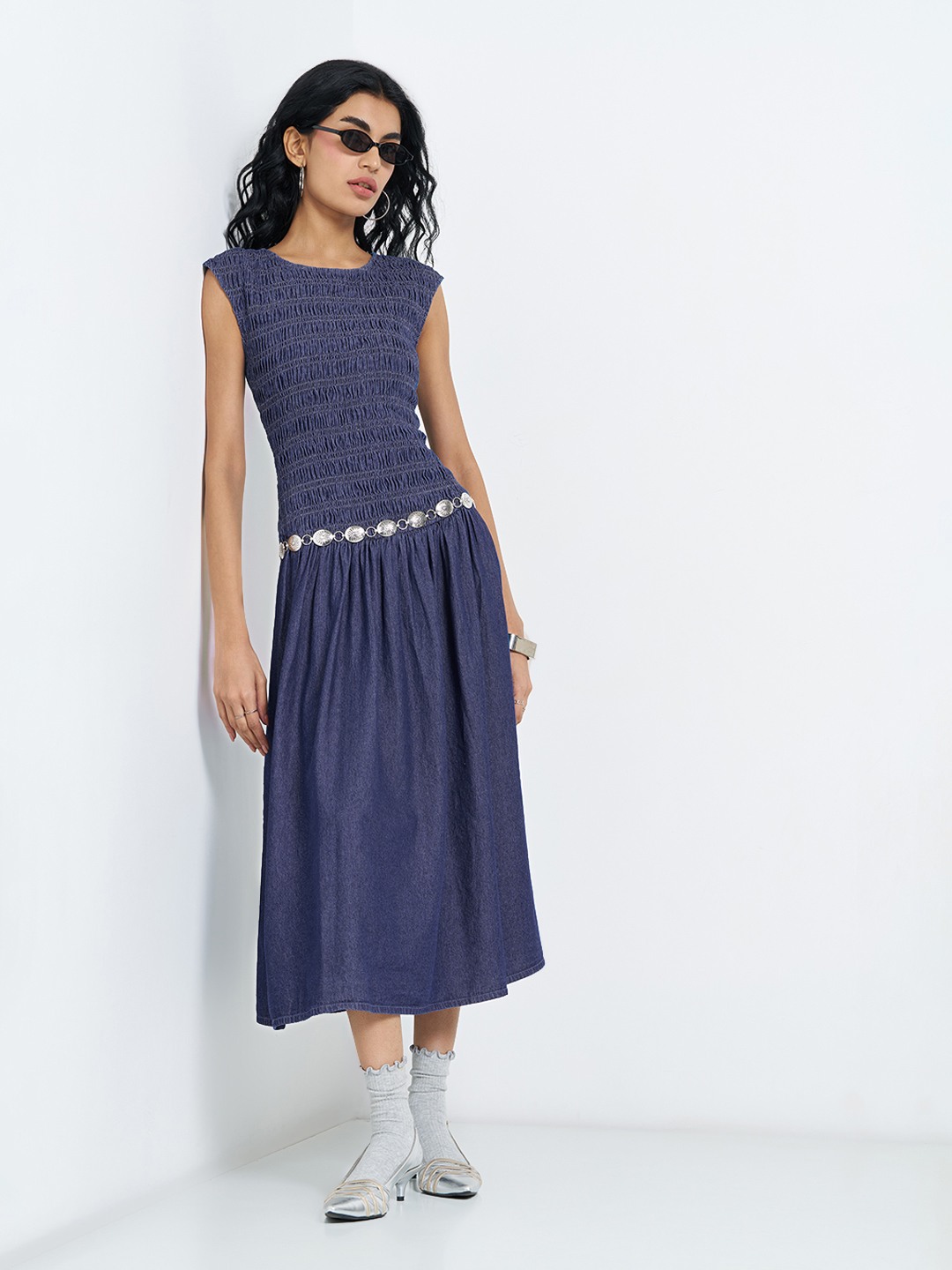 Blue Smocked Bodice Denim Midi Dress