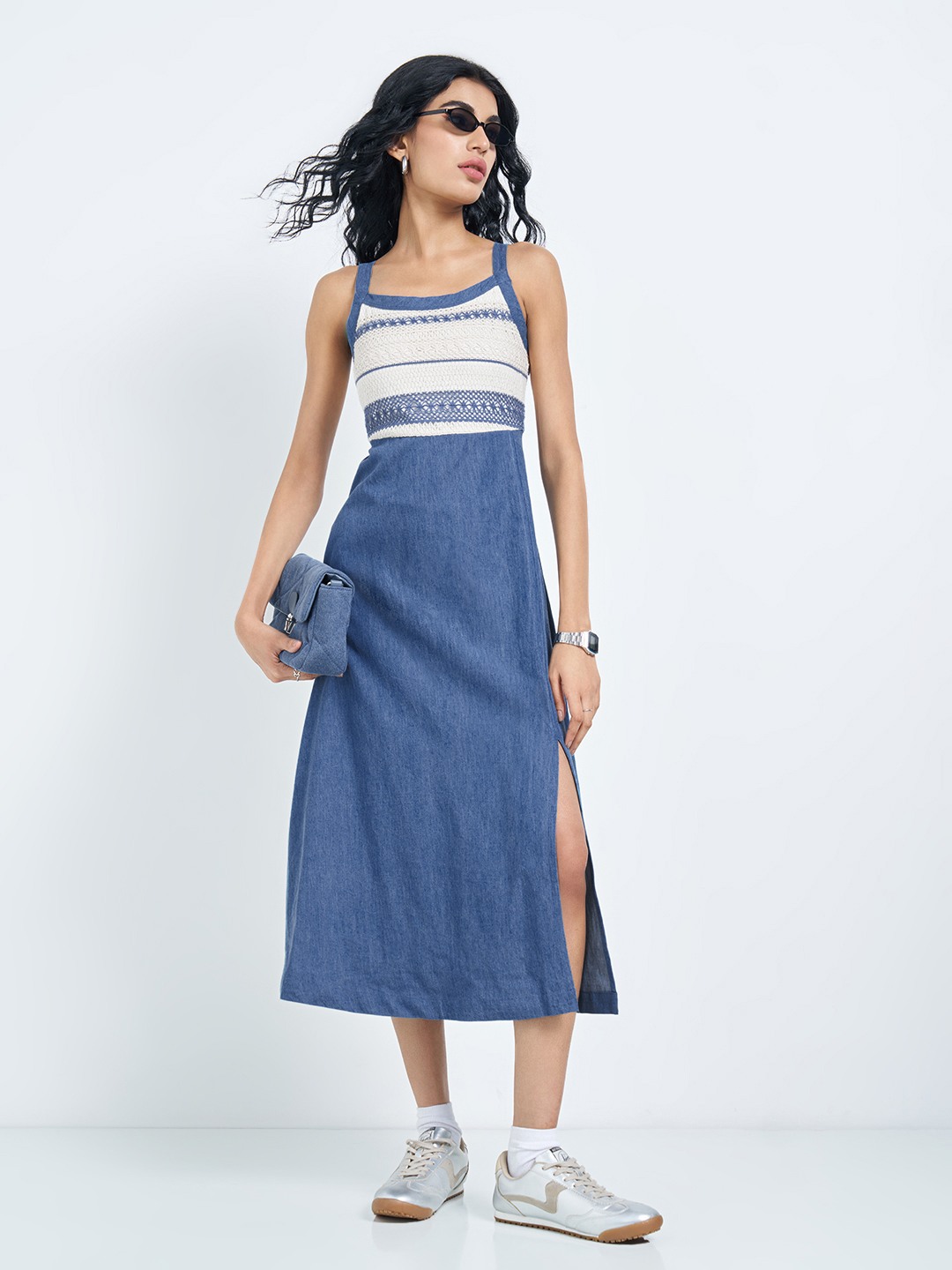 Blue Crochet Bodice Empire Line Strappy Midi Dress with Slit