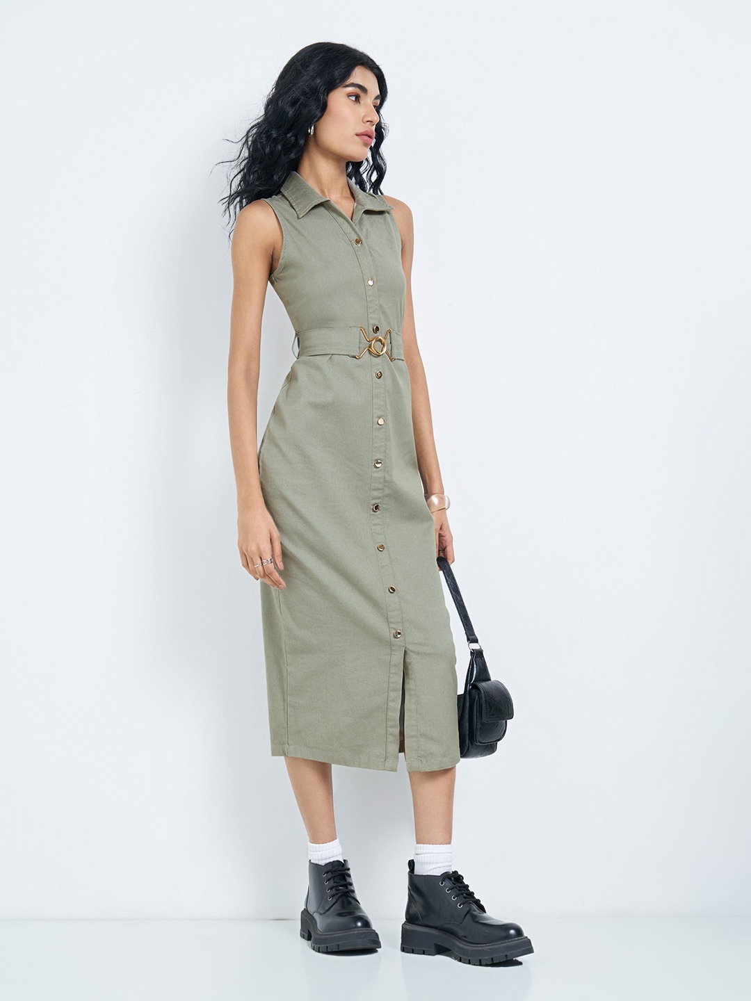 Sage Solid Sleeveless Belted Midi Shirt Dress