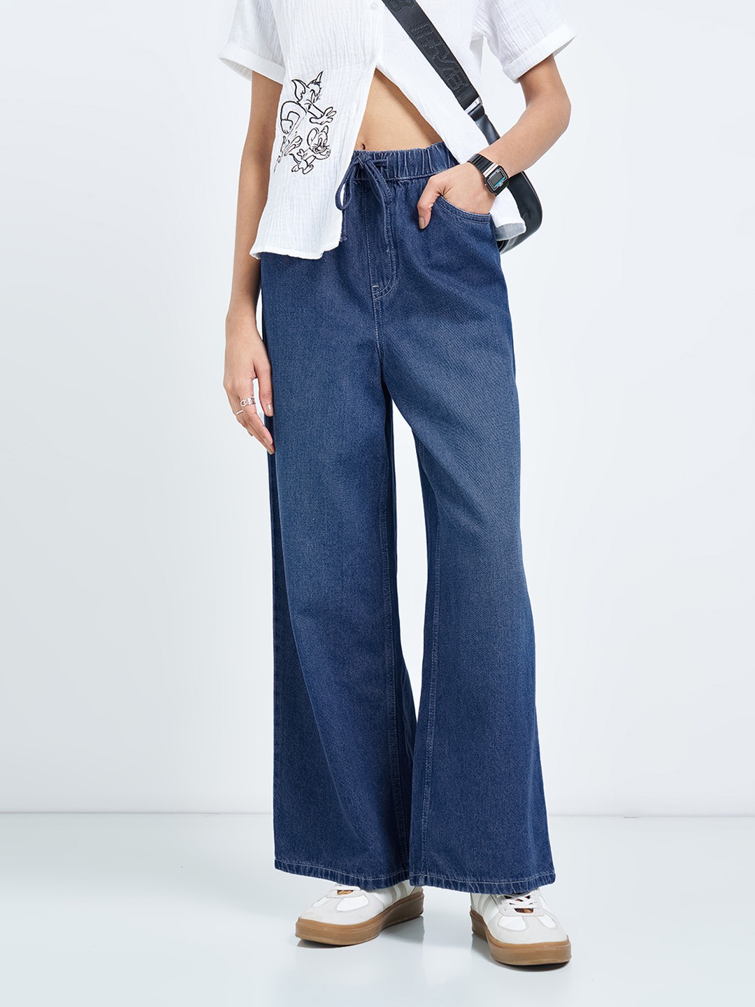 Dark Blue Faded Drawstring Wide-Leg Jeans