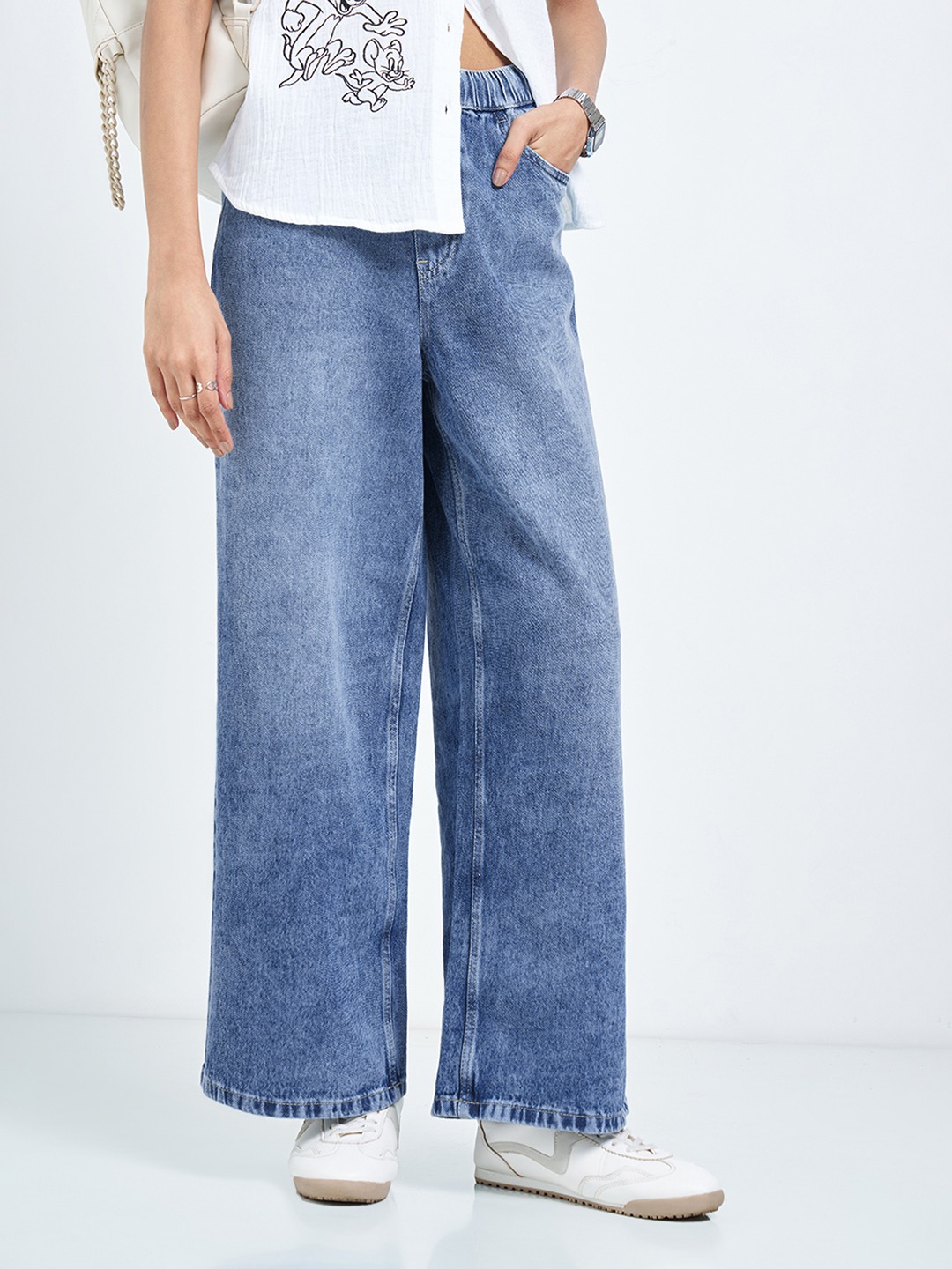Blue Stone Washed Drawstring Wide-Leg Jeans