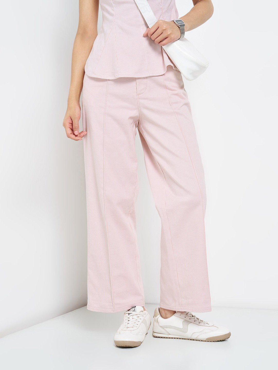 Light Pink Striped Straight-Fit Jeans with Front Crease