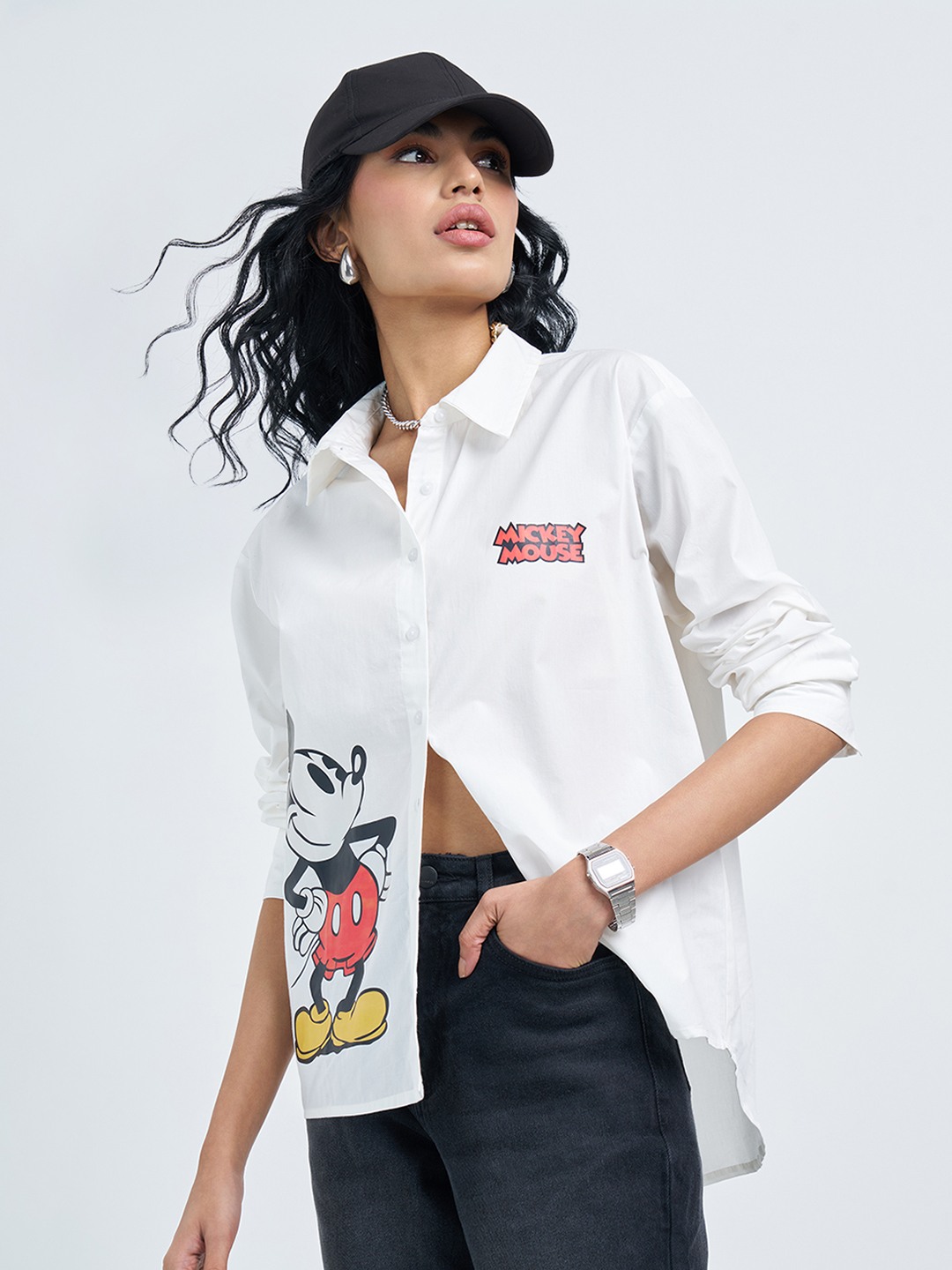 White Mickey Mouse Print Shirt