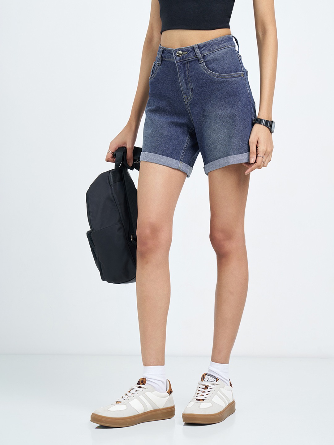 Blue Mid Wash Cuffed Denim Shorts