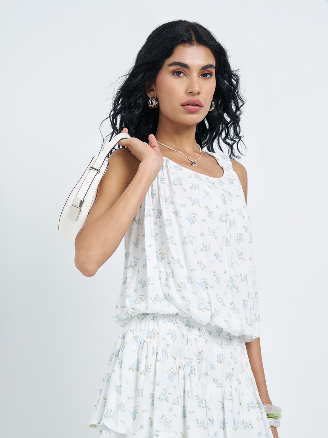 White Crush Texture Ditsy Floral Print Elasticated Waist Sleeveless Top