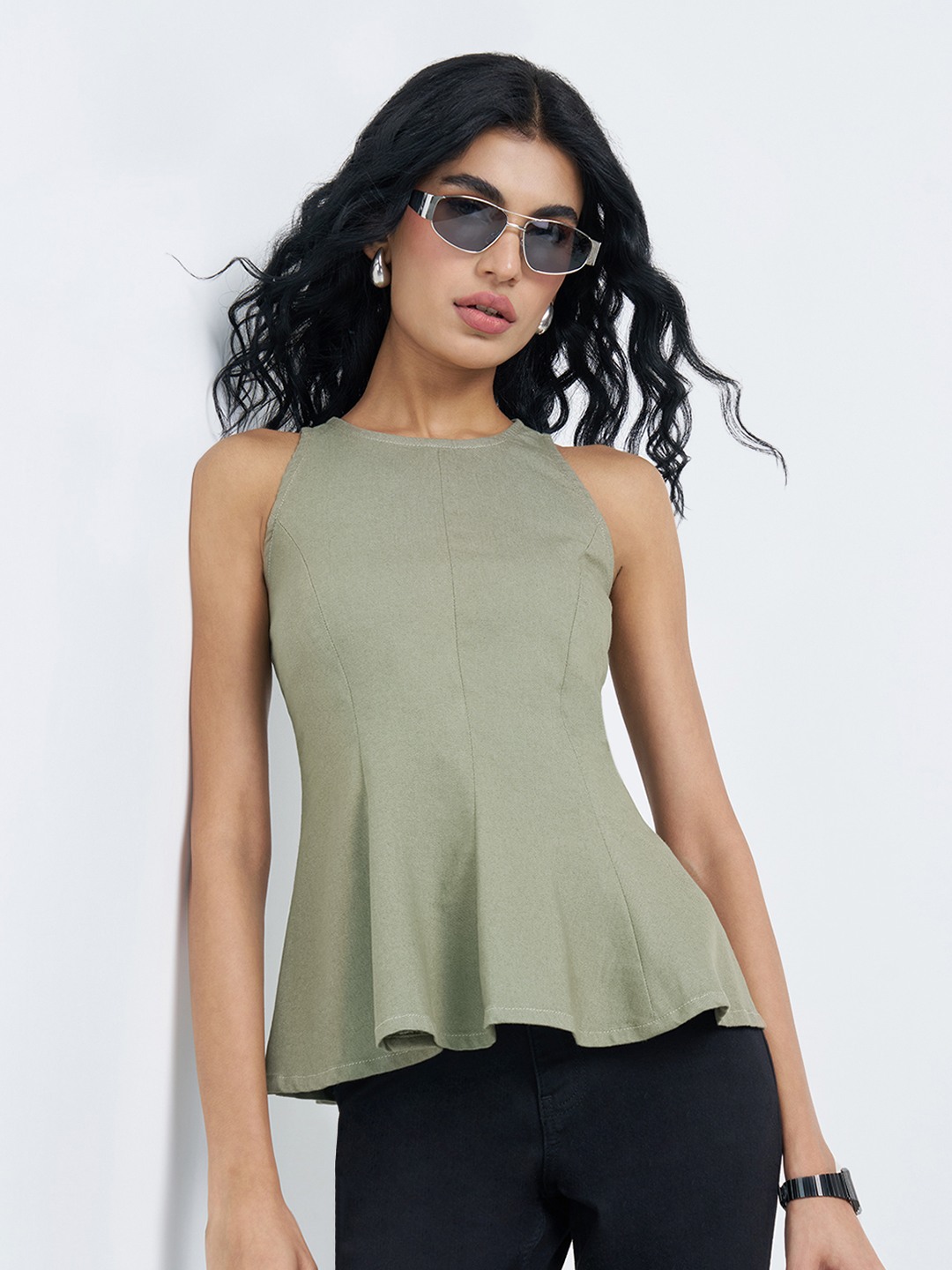 Sage Solid Tailored Sleeveless Peplum Top