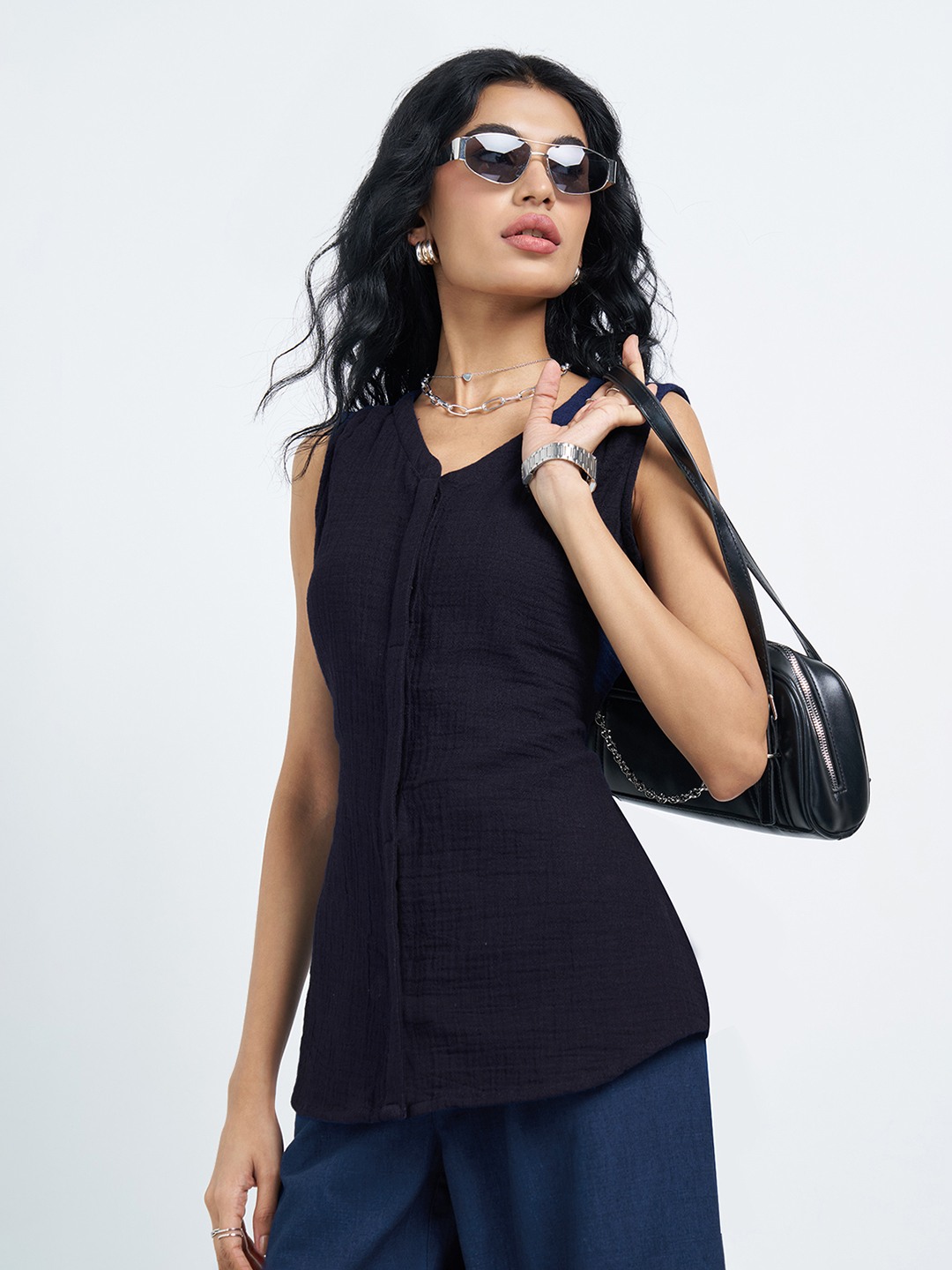 Navy Crush Texture Sleeveless Tie-Back Top