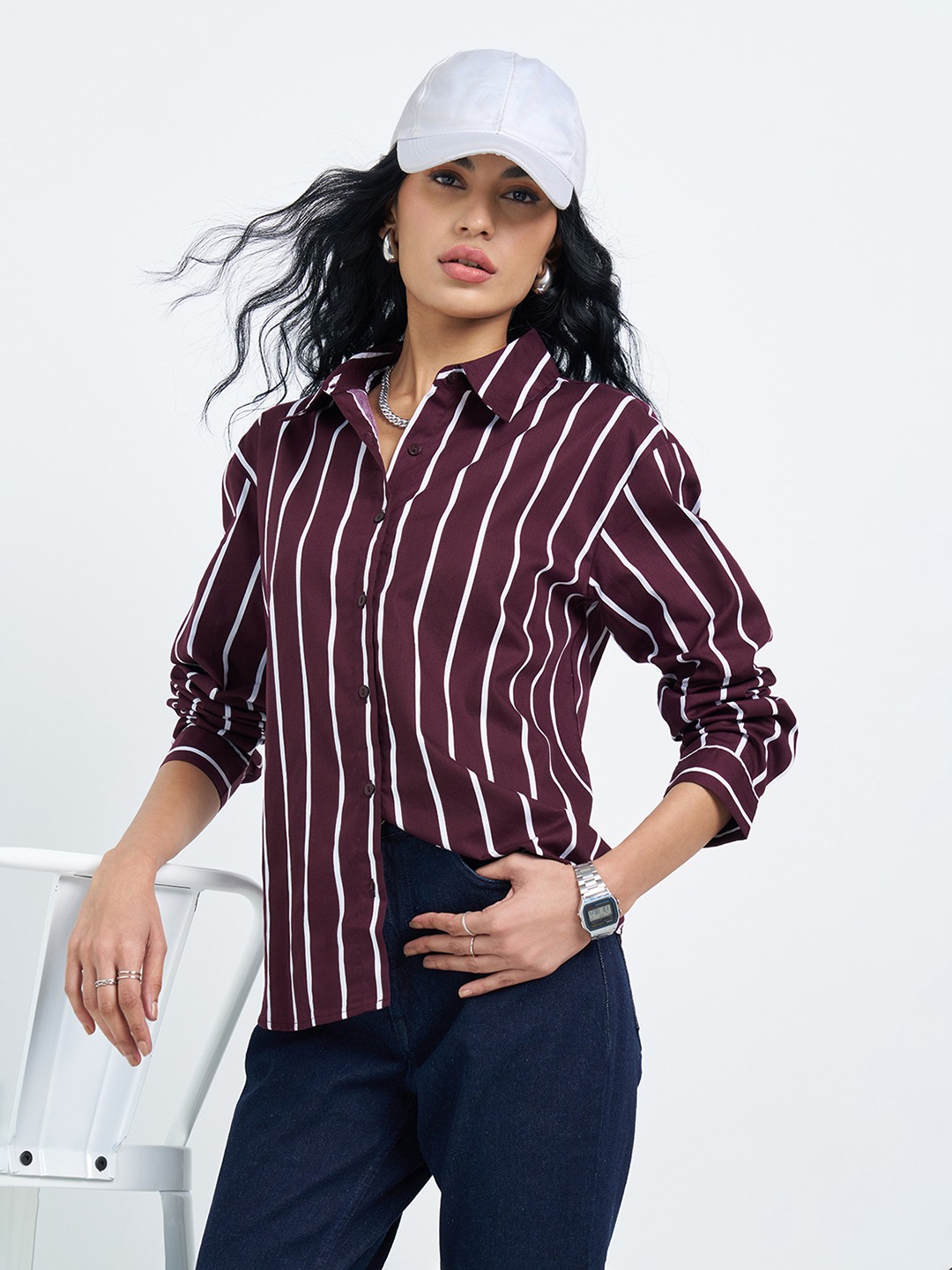 Wine Striped Tailored Fit Shirt