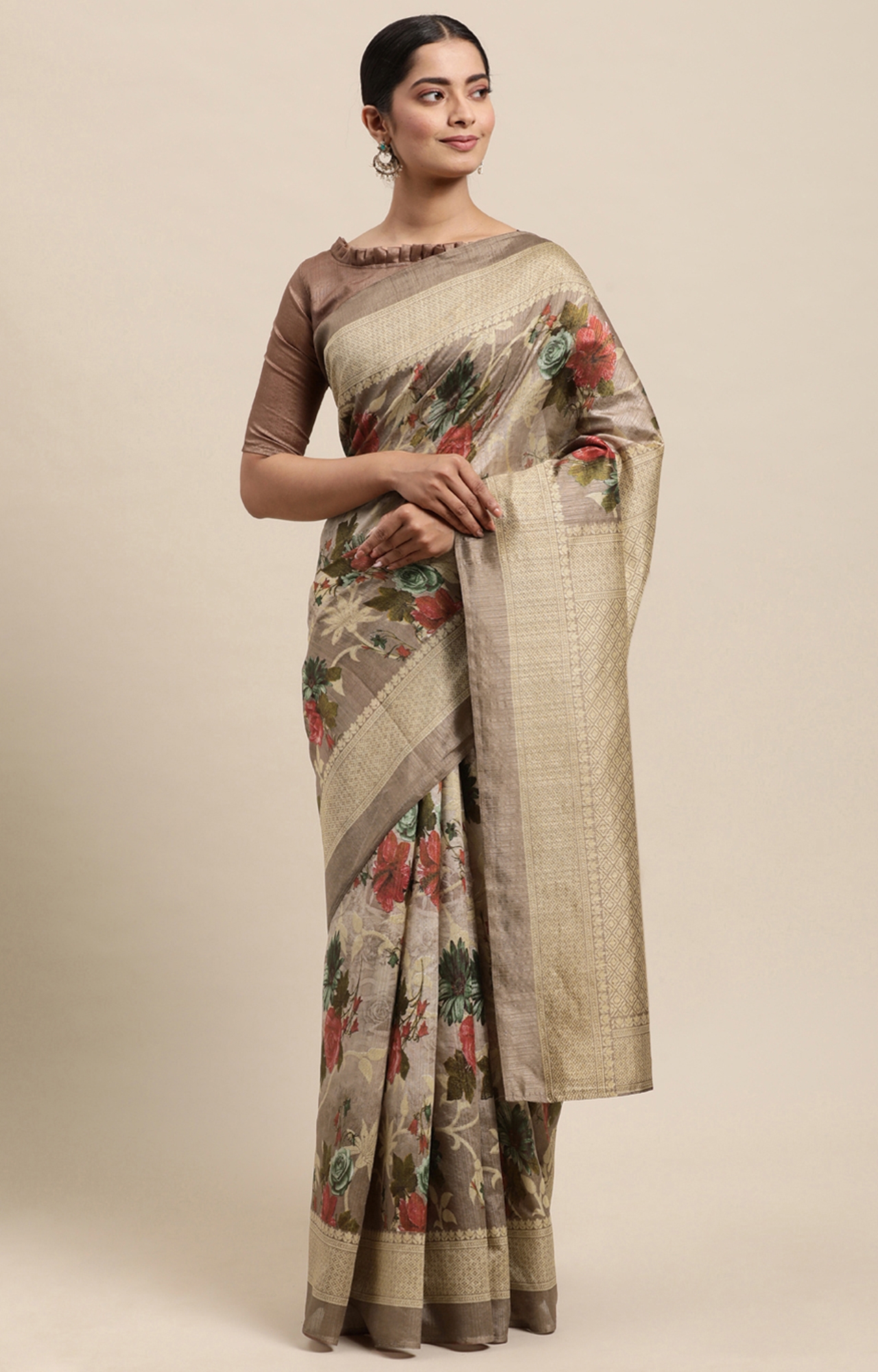 Shaily Women's Brown Silk Blend Printed Saree-HAART0006BRWN