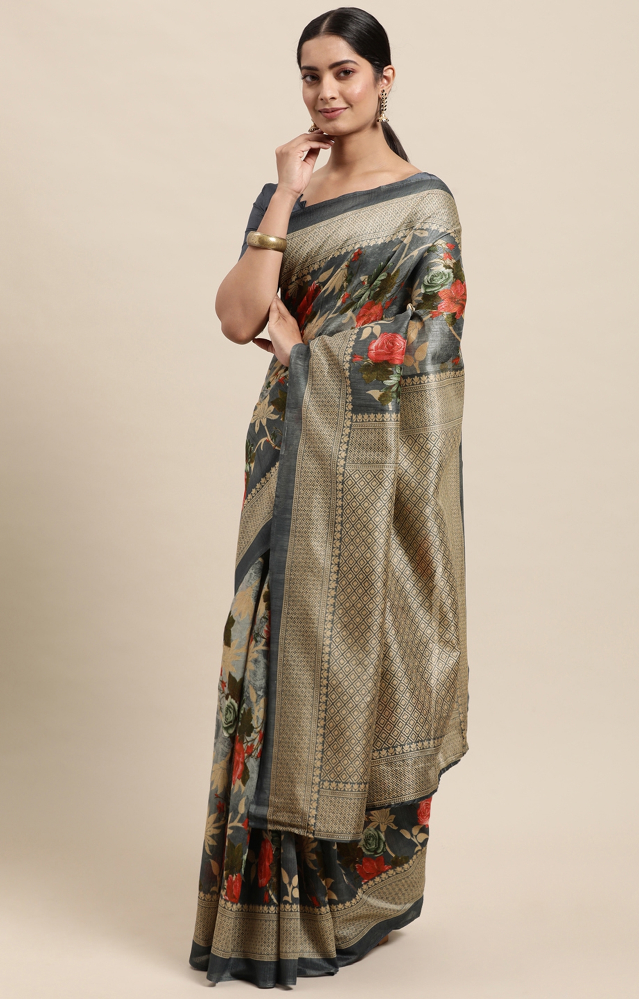 Shaily Women's Grey Silk Blend Printed Saree-HAART0006GREY