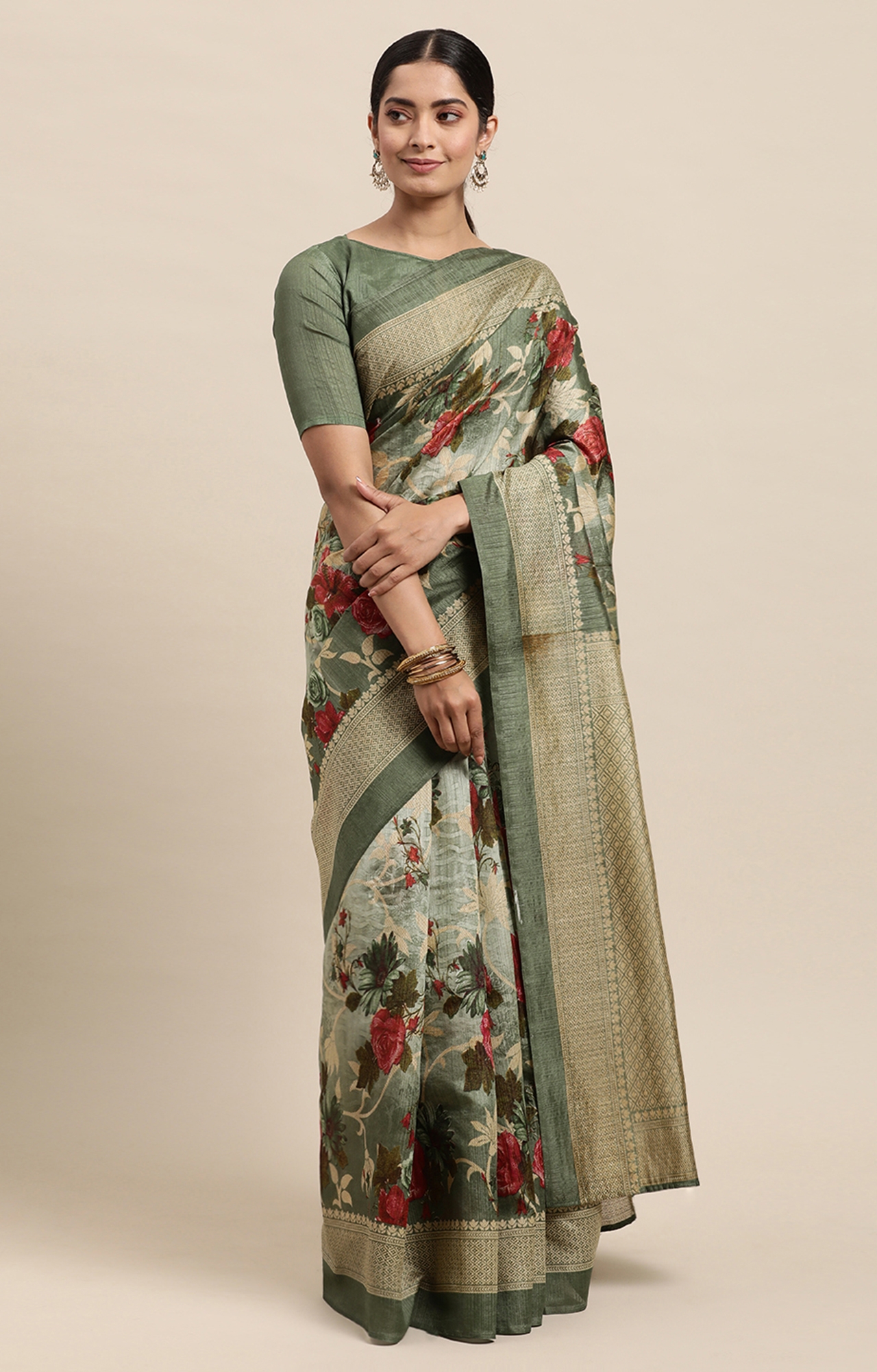 Shaily Women's Light Green Silk Blend Printed Saree-HAART0006LGRN