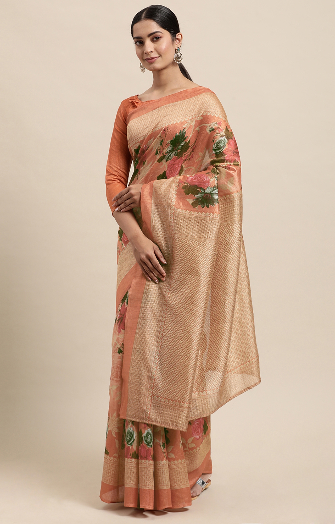 Shaily Women's Peach Silk Blend Printed Saree-HAART0006PEACH