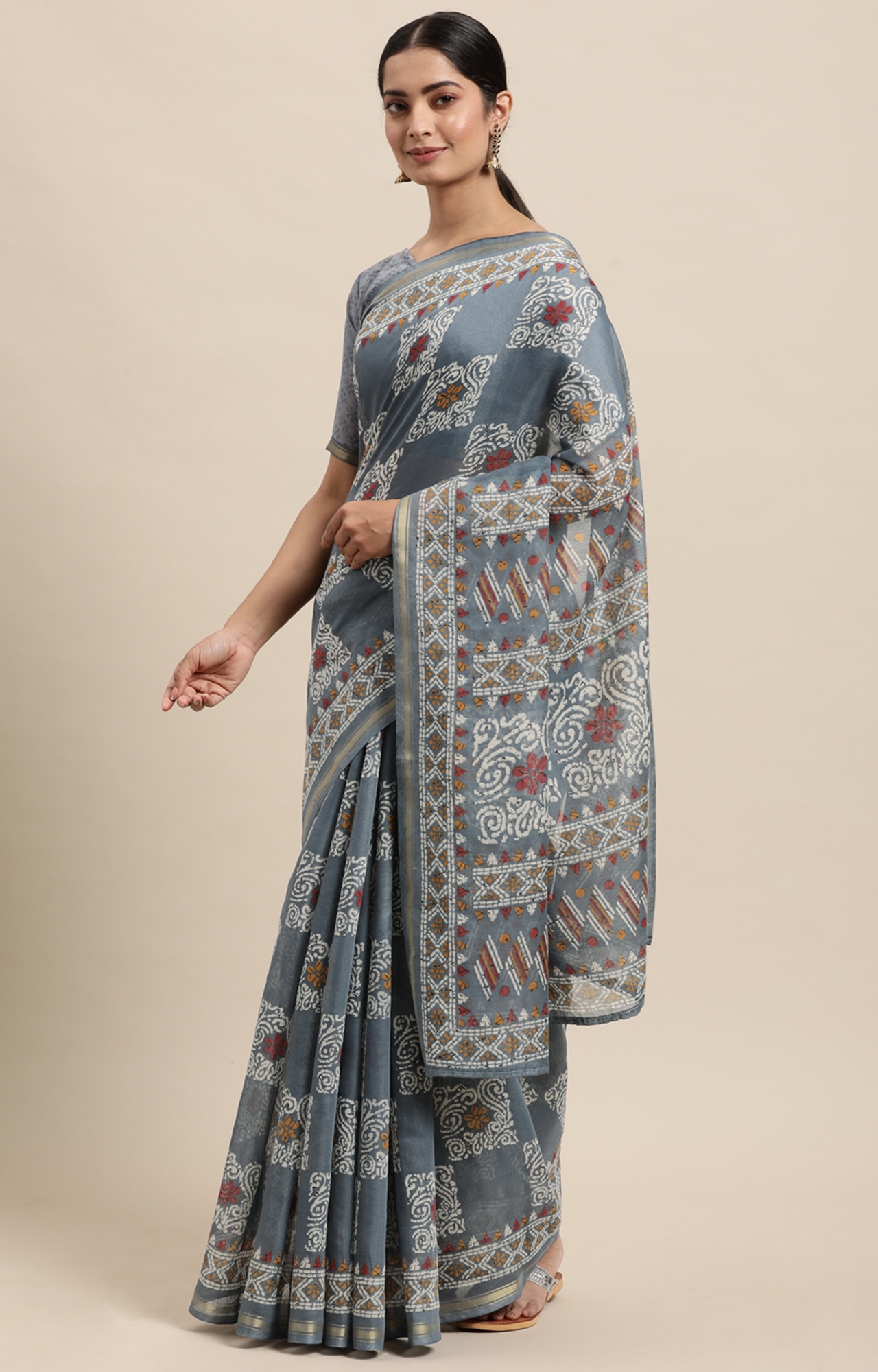 Shaily Women's Grey Cotton Linen Blend Printed Saree-HACTN0009GREY
