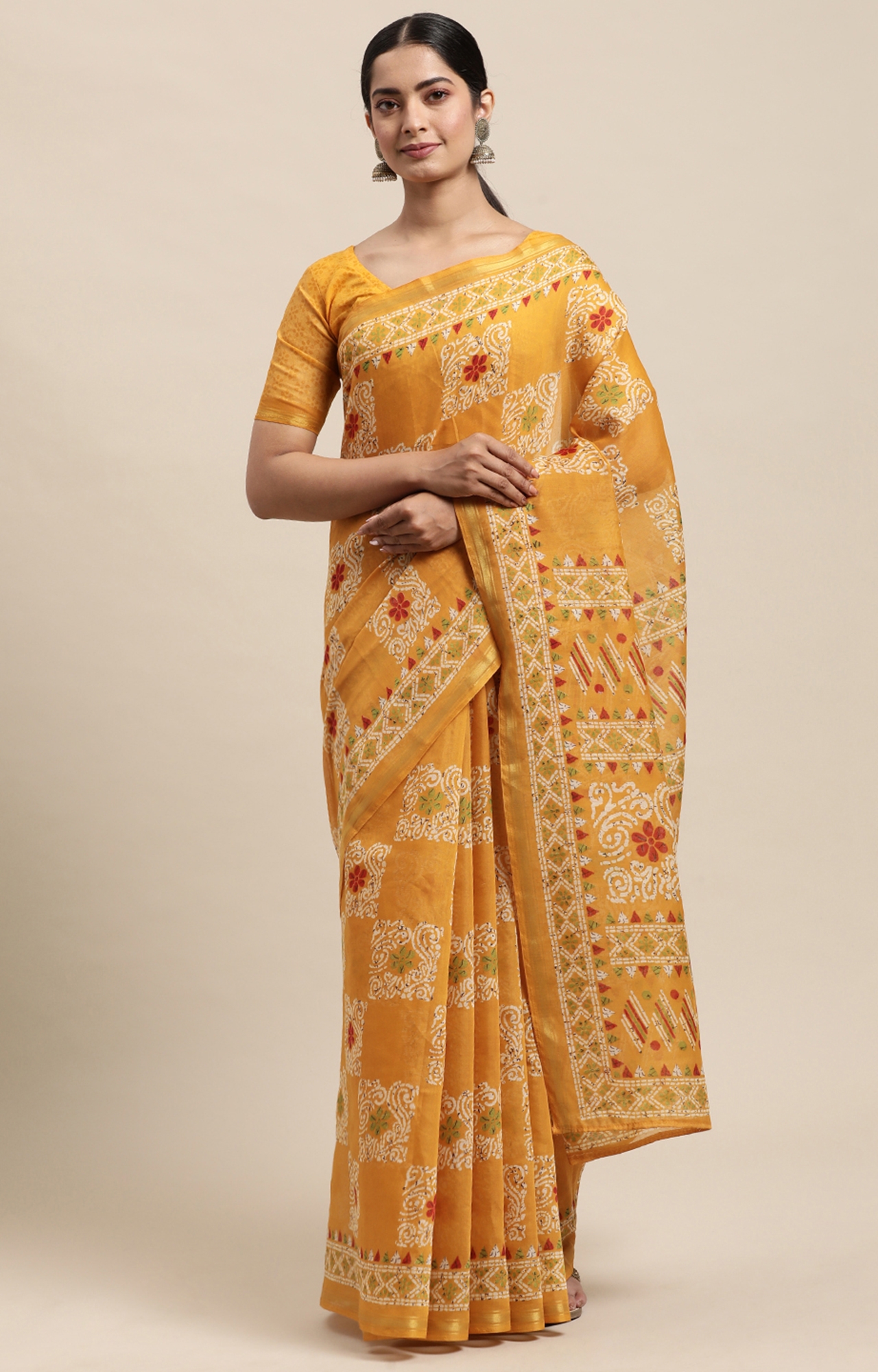 Shaily Women's Yellow Cotton Linen Blend Printed Saree-HACTN0009MSTRD